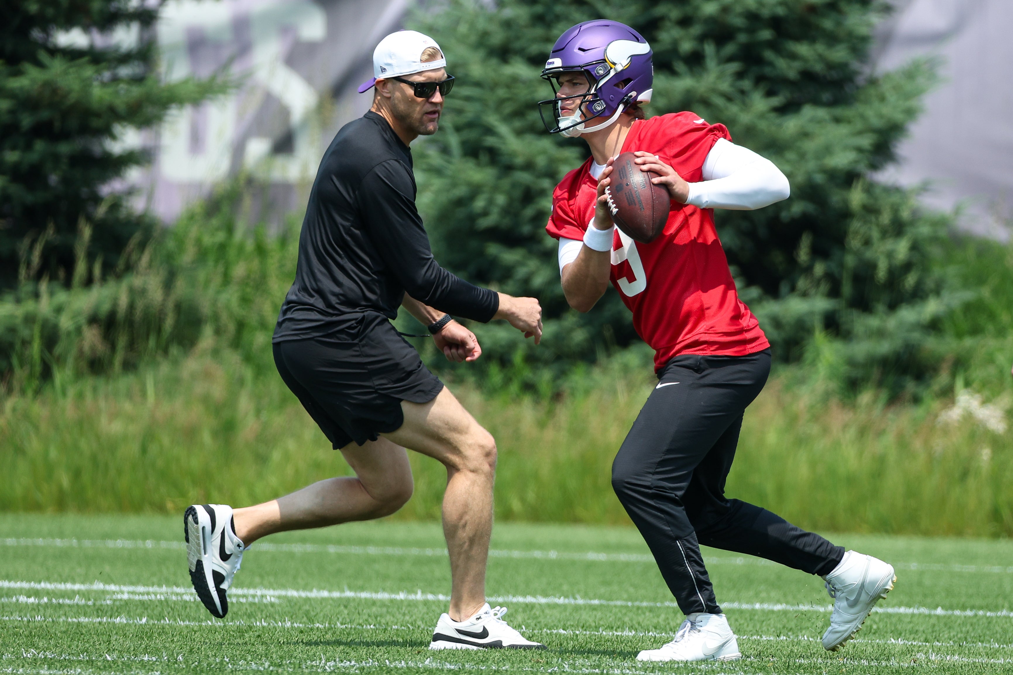Jun 10, 2025; Minneapolis, MN, USA; Minnesota Vikings quarterback J.J. McCarthy (9) practices during minicamp at the Minnesota Vikings Training Facility.