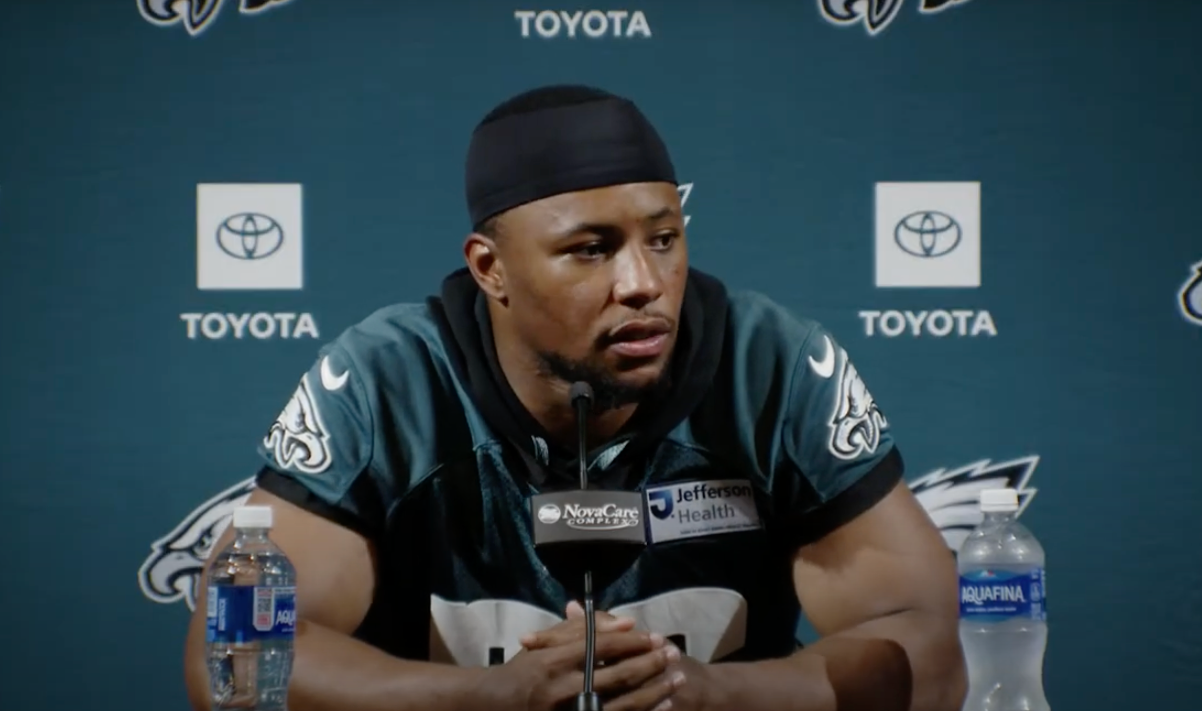 Philadelphia Eagles RB Saquon Barkley speaks during mandatory minicamp on June 10
