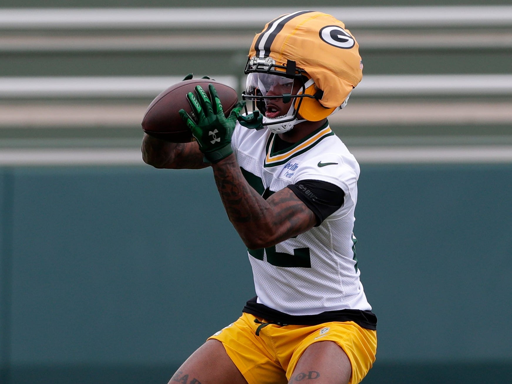 Green Bay Packers wide receiver Matthew Golden (22) catches the ball during the team's first day of minicamp on June 10, 2025, at Ray Nitschke Field in Ashwaubenon, Wis.