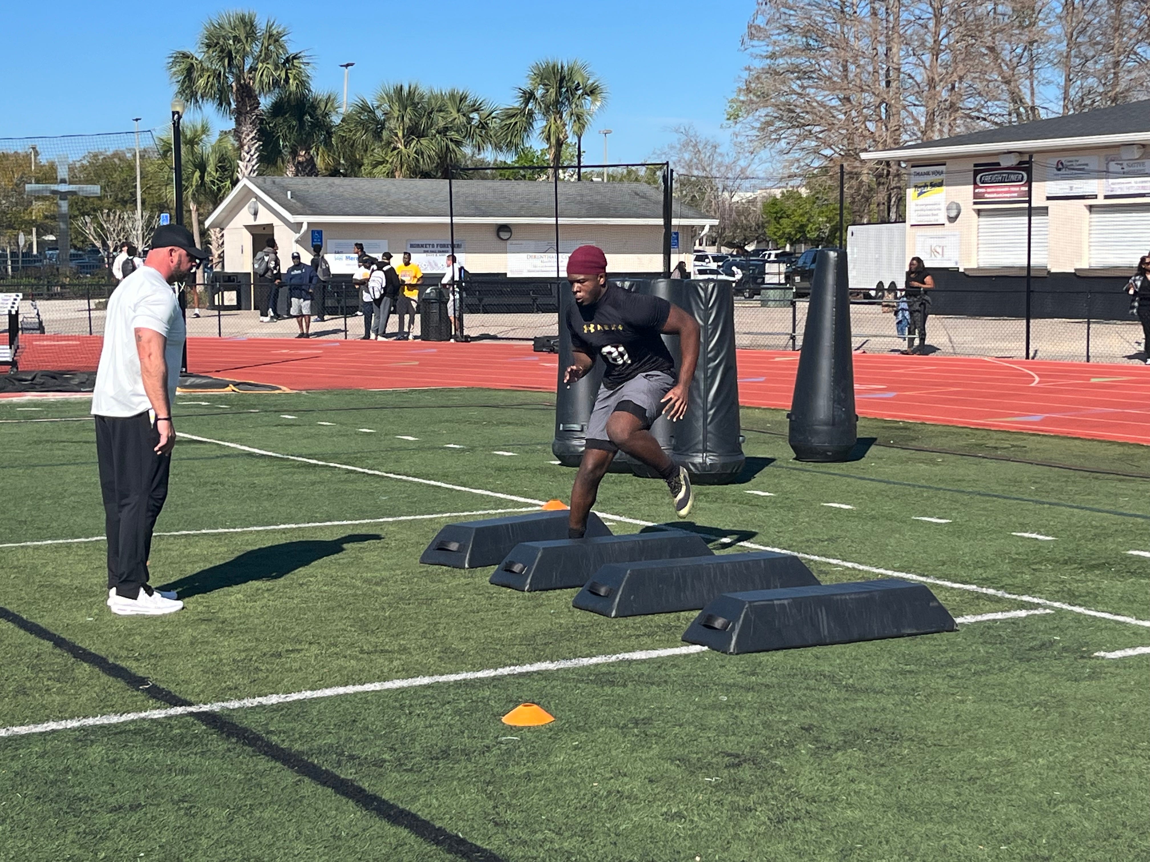 Cardinal Mooney defensive lineman Elijah Golden in individual drills during the Under Armour Next camp on Sunday, Feb. 23 at Bishop Moore High School in Orlando.