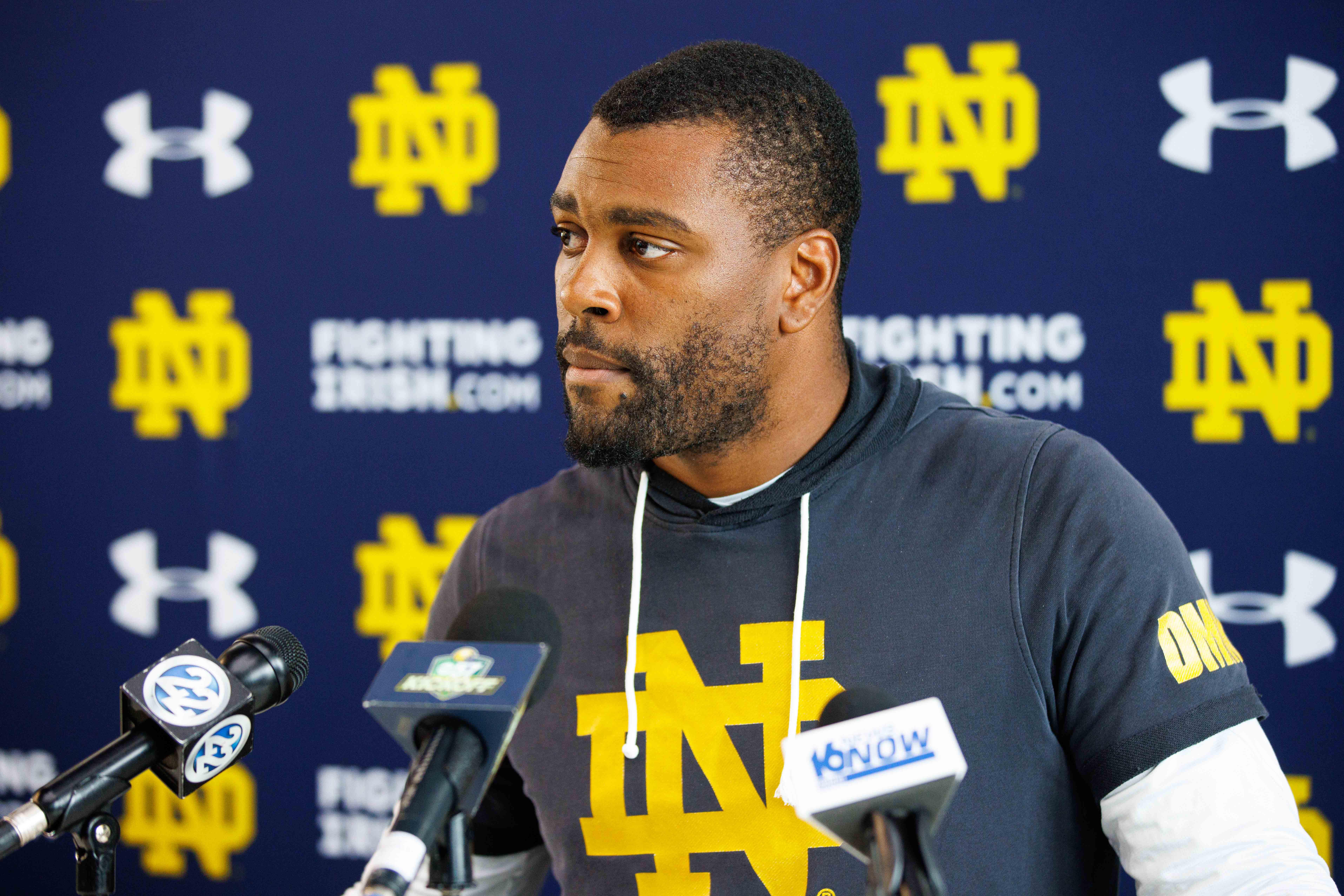 Notre Dame defensive backs coach Mike Mickens addresses media after a Notre Dame football practice at Irish Athletic Center on Thursday, Aug. 15, 2024, in South Bend.