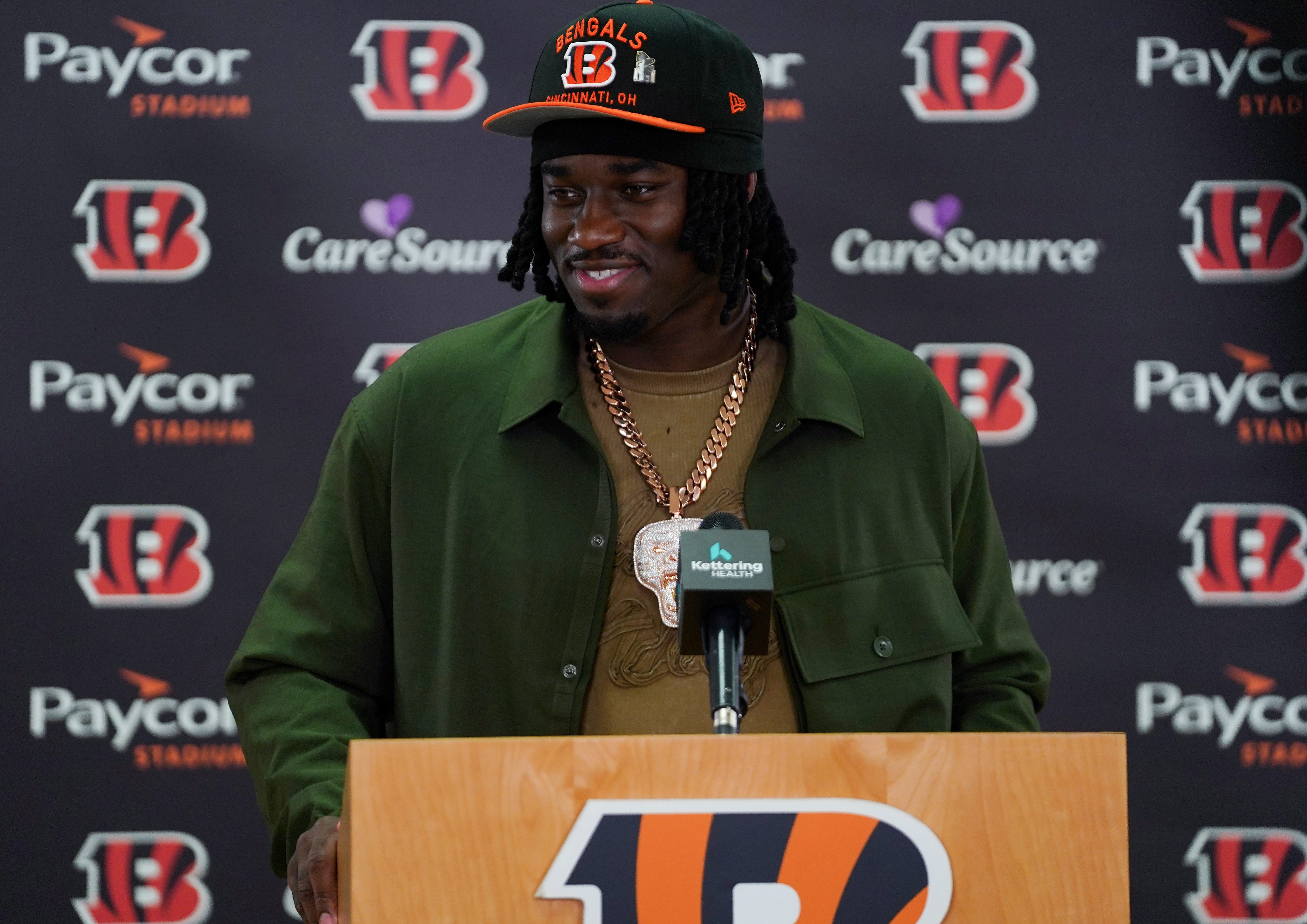 Cincinnati Bengals first-round draft pick Shemar Stewart speaks during a press conference, Friday, April 25, 2025, at Paycor Stadium in Downtown Cincinnati.