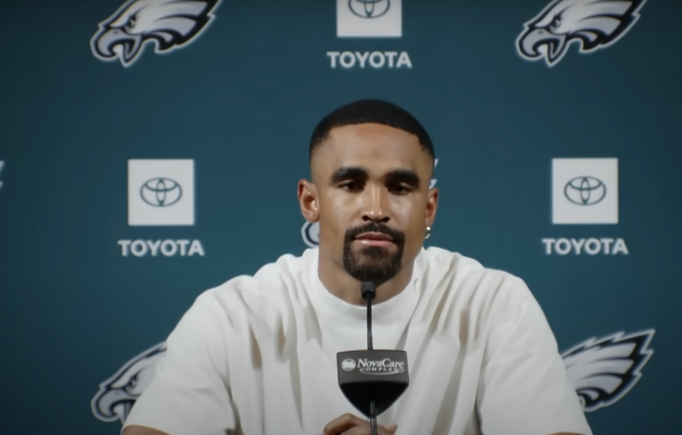 Philadelphia Eagles quarterback Jalen Hurts speaks to the media during mandatory minicamp