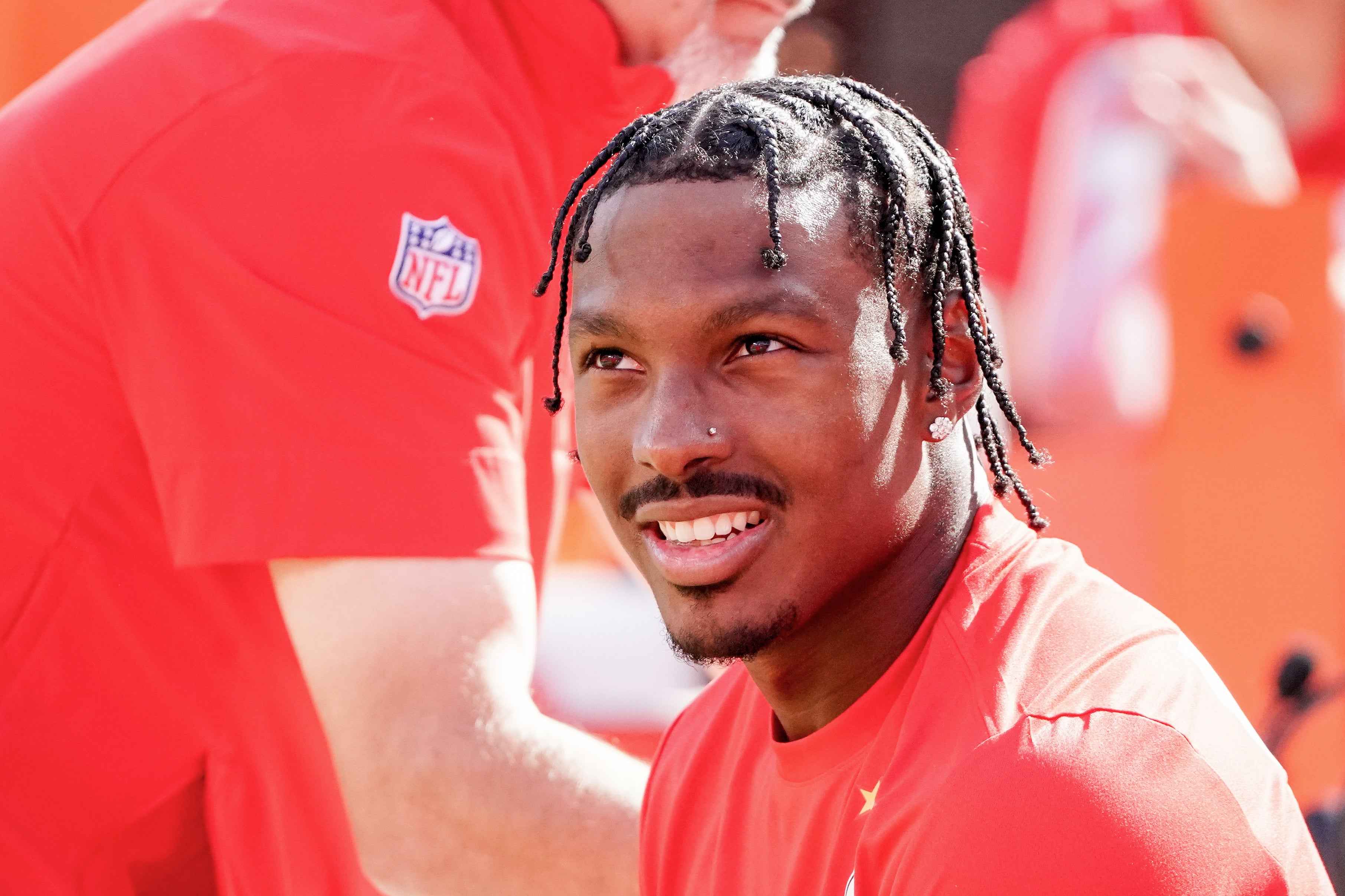 Kansas City Chiefs wide receiver Mecole Hardman Jr. (12) sits on the bench against the Los Angeles Chargers prior to a game at GEHA Field at Arrowhead Stadium.