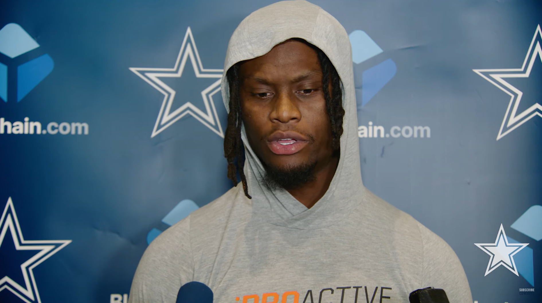 Dallas Cowboys WR George Pickens talks to the media.