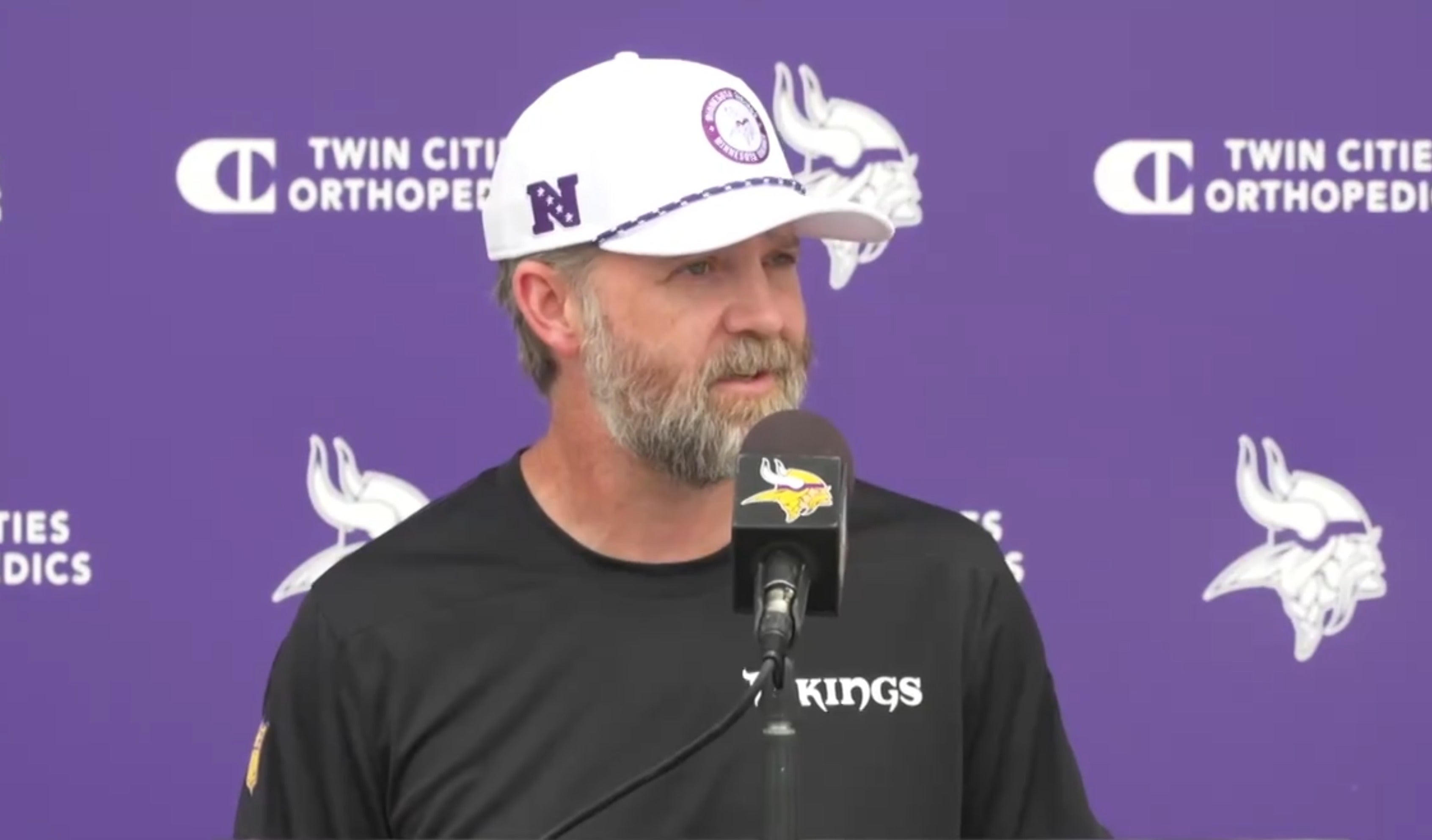 Minnesota Vikings offensive coordinator Wes Phillips speaking to the media after mandatory minicamp practice on Wednesday, July 11th