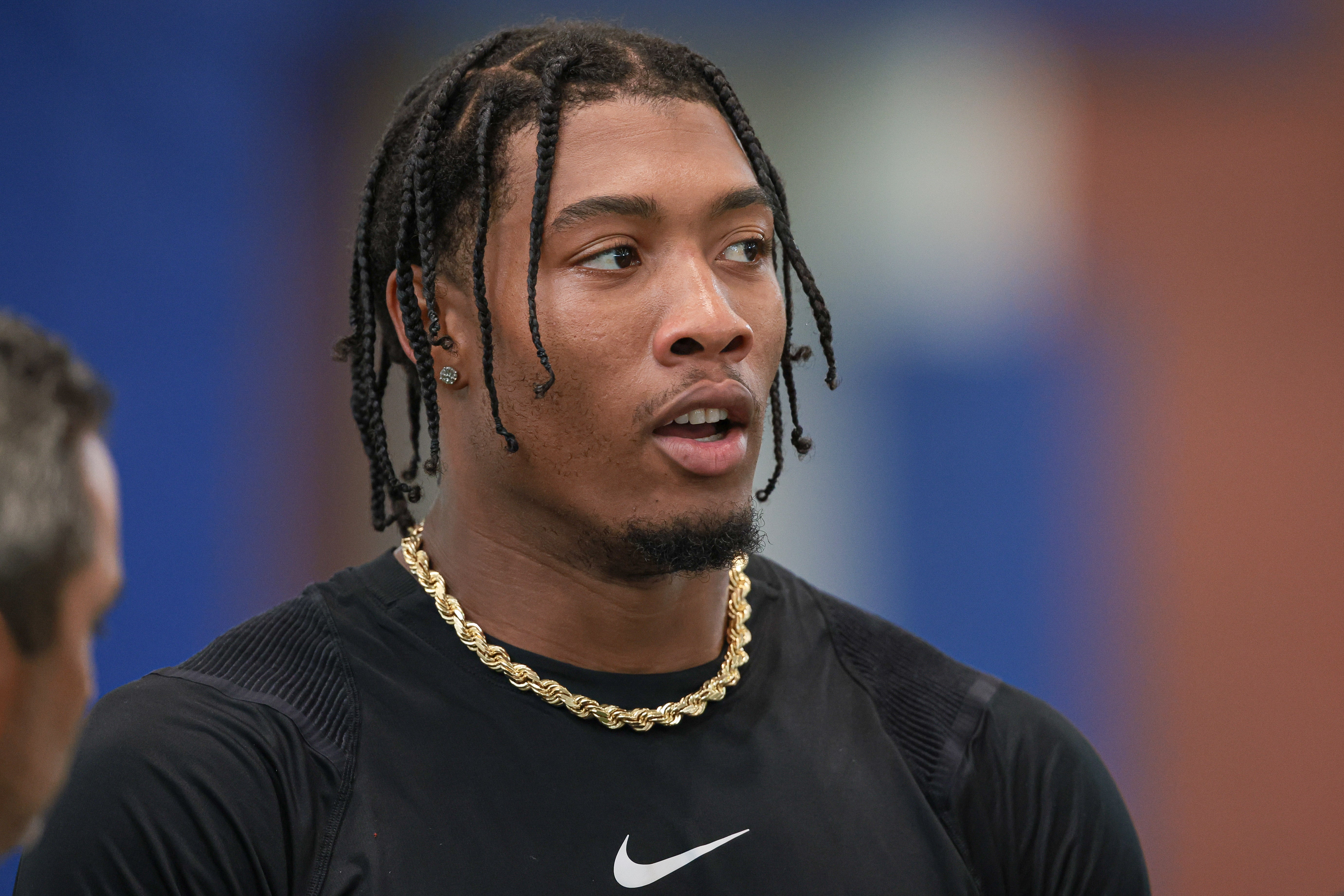 New York Giants safety Isaiah Simmons (19) talks with media during training camp at Quest Diagnostics Training Facility.