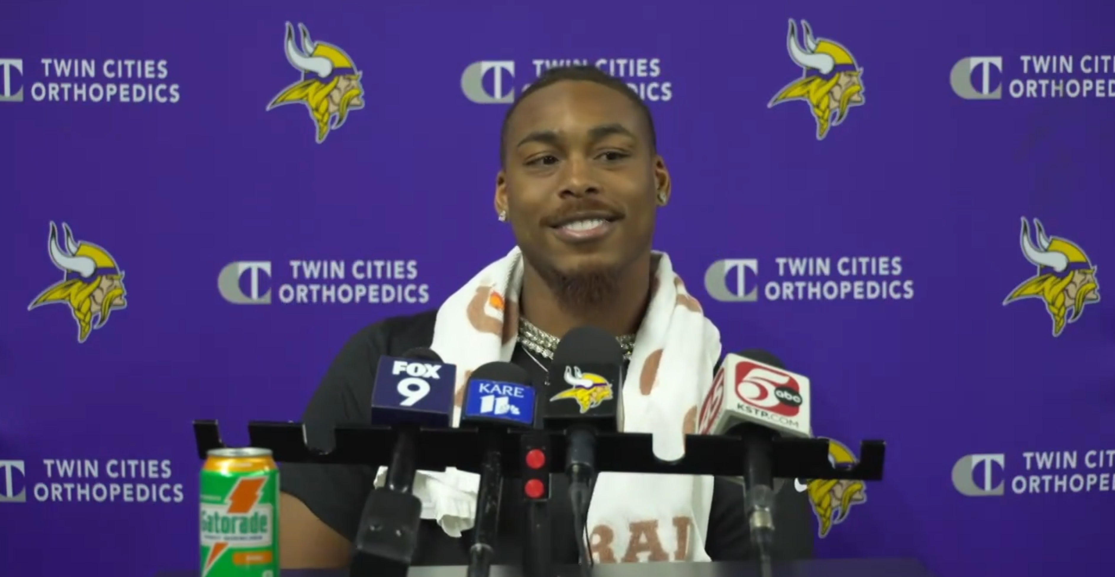 Justin Jefferson speaking to reporters after Thursday's mandatory minicamp practice