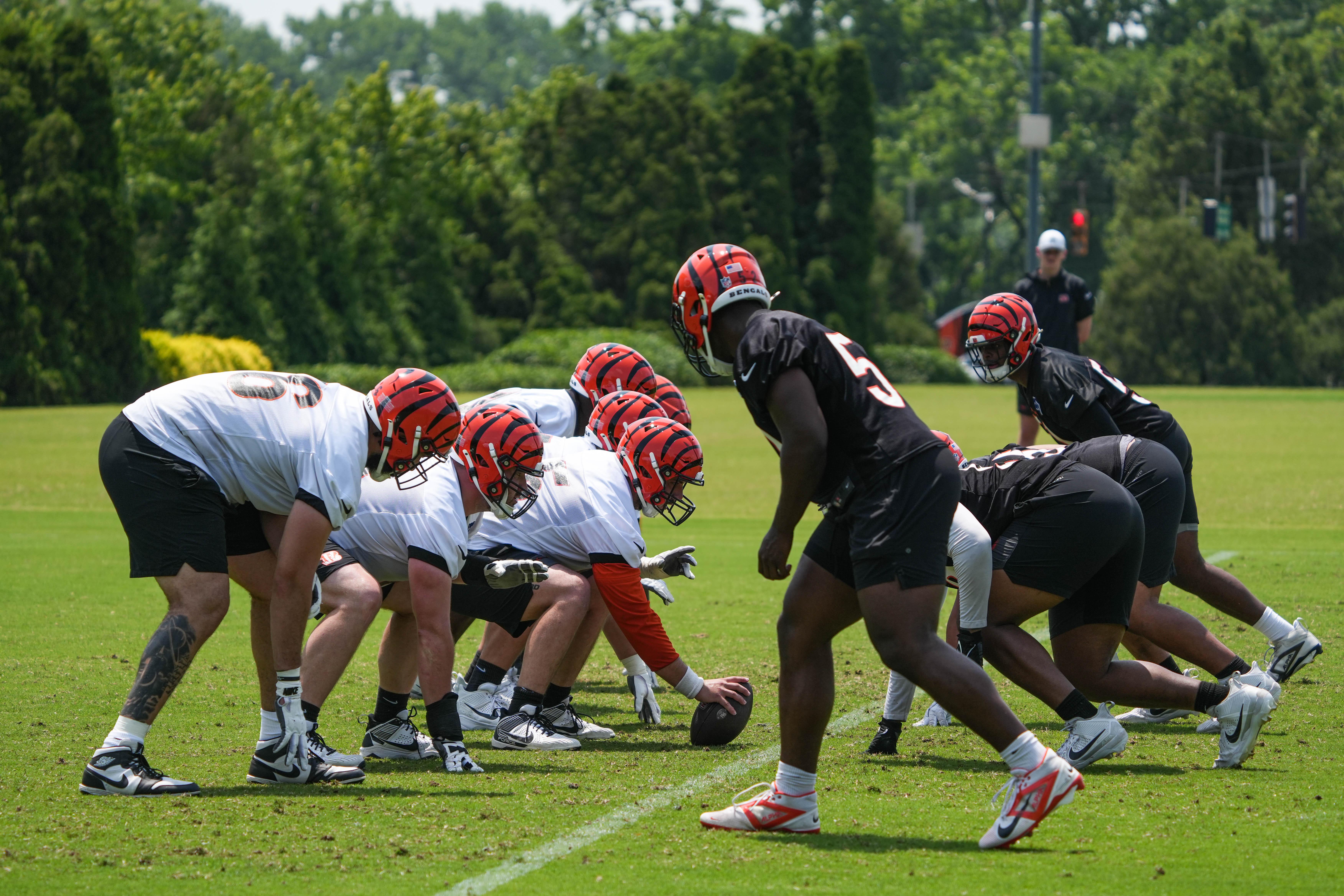The Cincinnati Bengals gather on their practice field for a minicamp training session on Tuesday June 10, 2025.