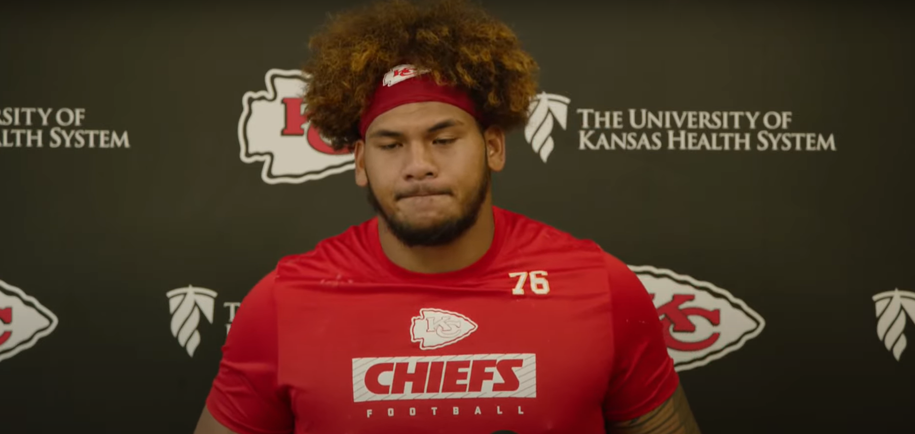 Chiefs OL Kingsley Suamataia speaks to media members after practice on Thursday, June 12.