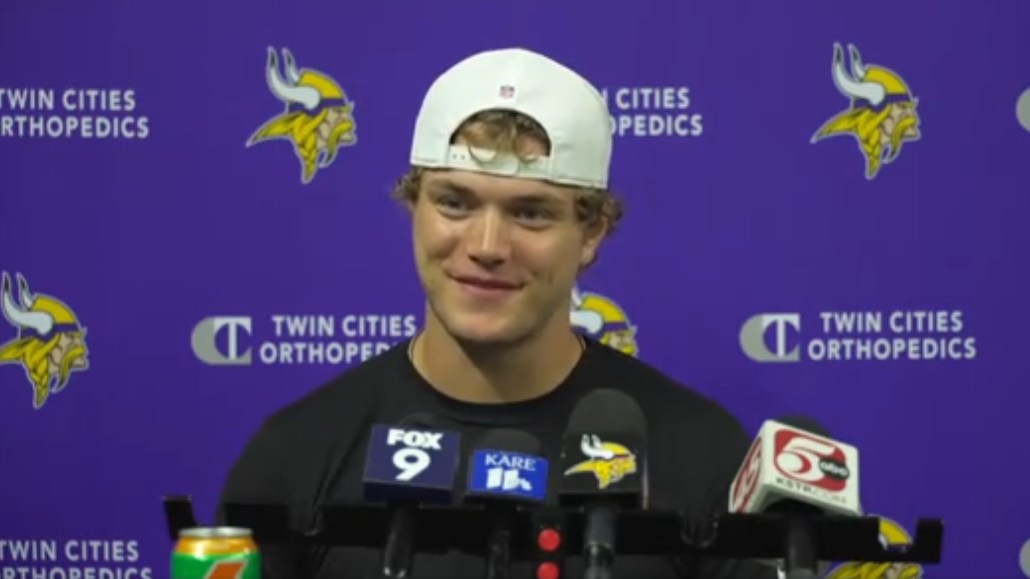 Minnesota Vikings quarterback J.J. McCarthy speaks to the media after Mandatory Minicamp practice on June 12th