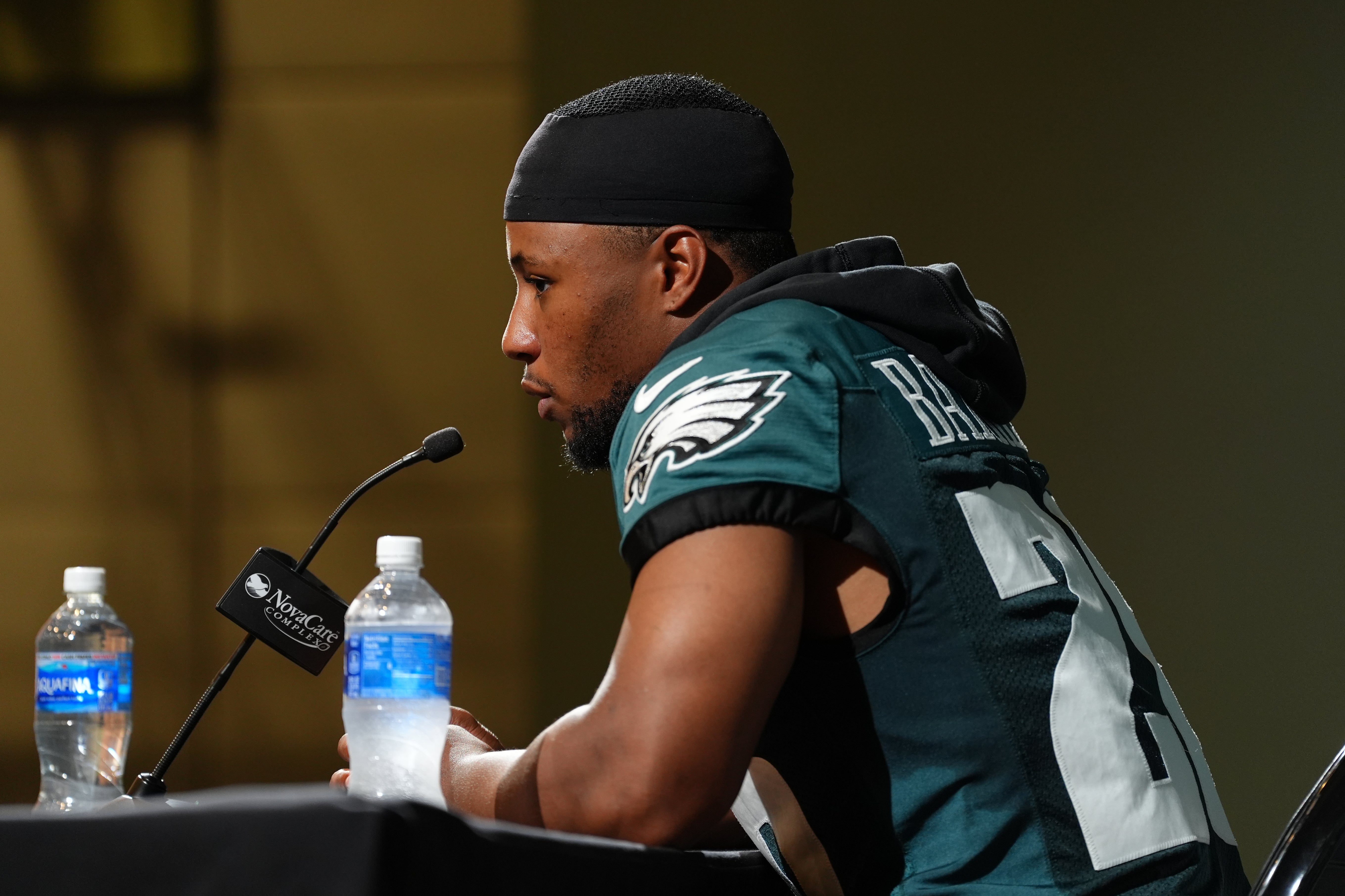 Philadelphia Eagles running back Saquon Barkley (26) addresses media during a press conference at NovaCare Complex.