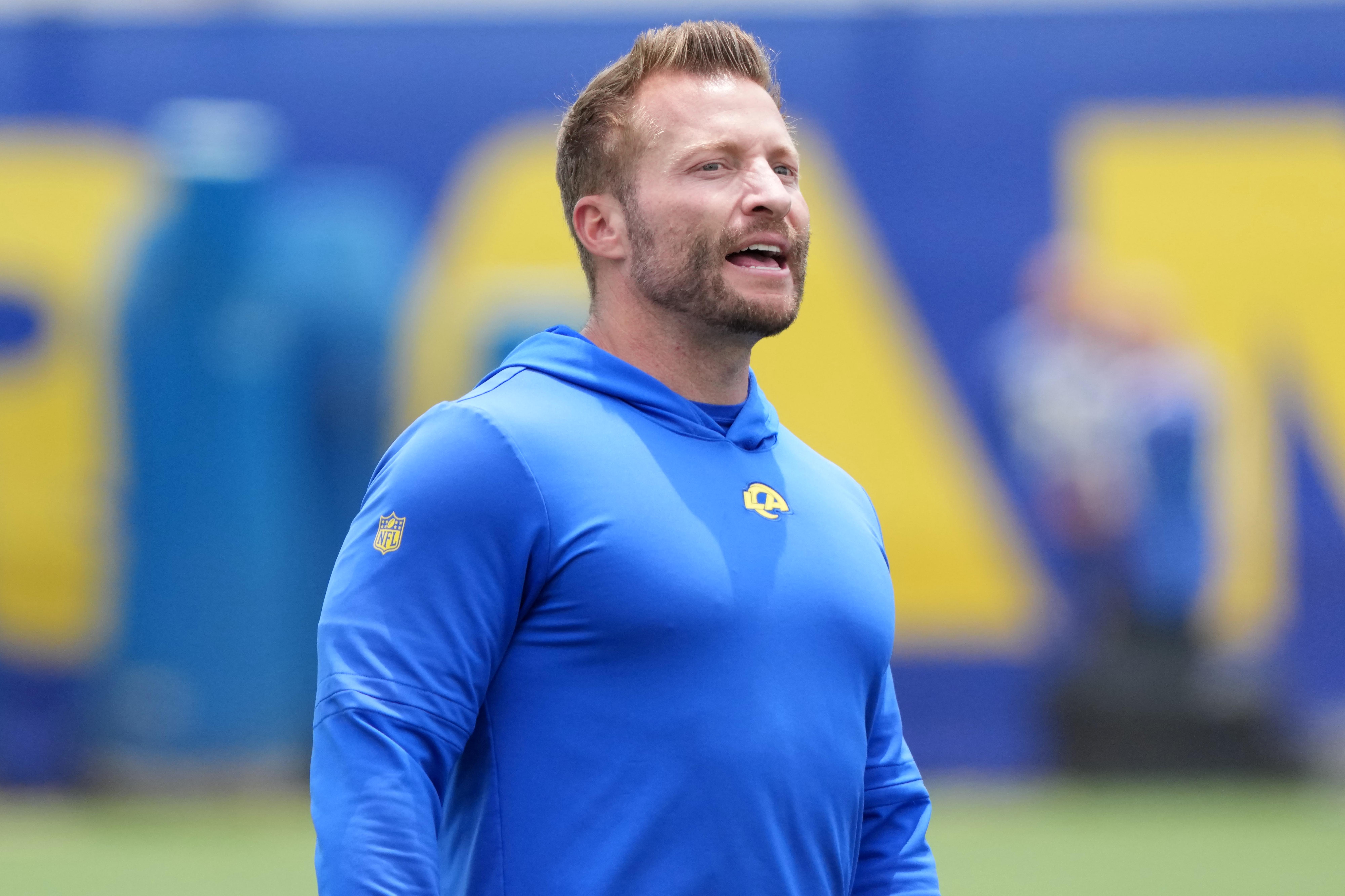 Jun 3, 2025; Woodland Hills, CA, USA; Los Angeles Rams coach Sean McVay during organized team activities at Rams Practice Facility.