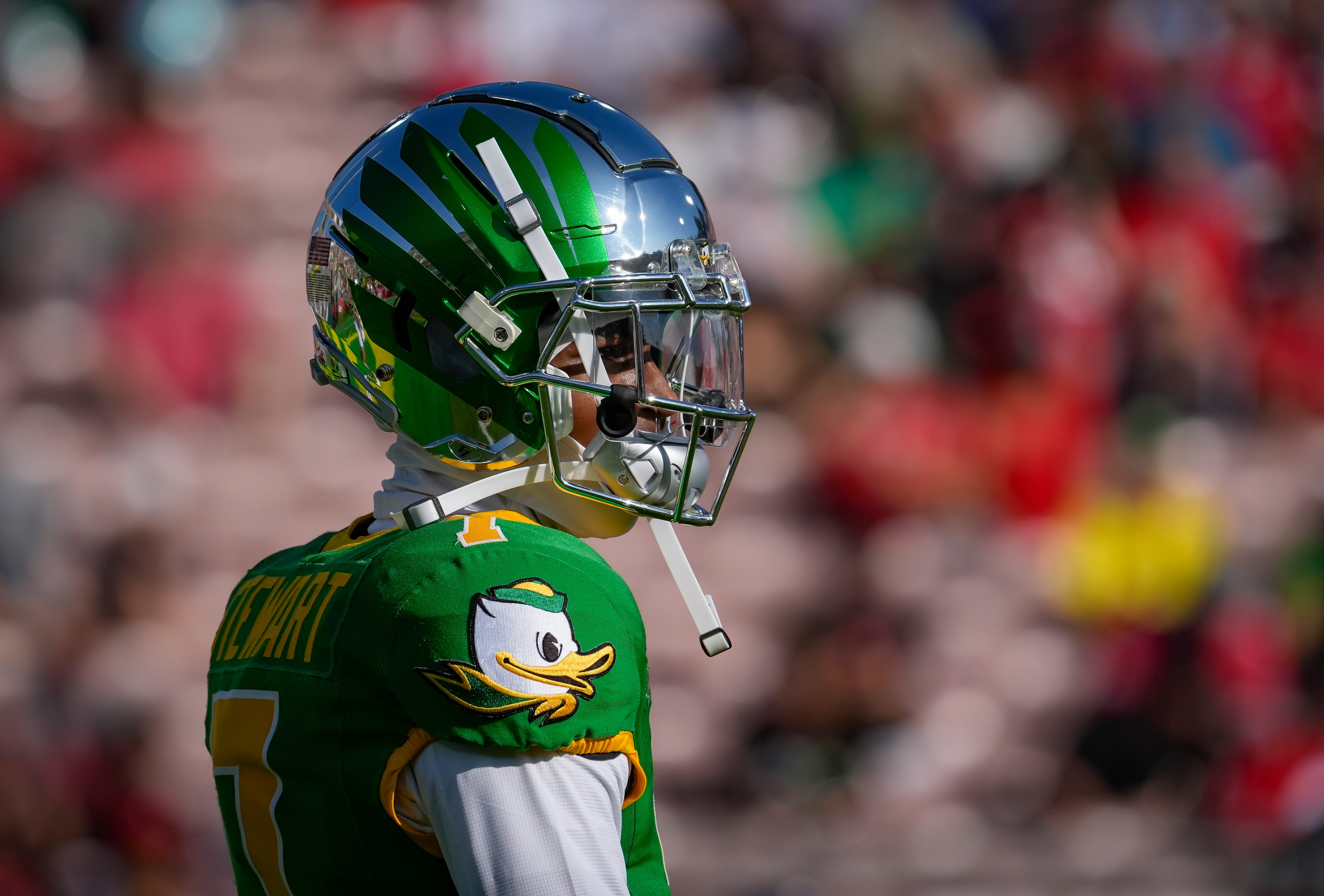 Oregon wide receiver Evan Stewart walks the field during warmups as the Oregon Ducks face the Ohio State Buckeyes Wednesday, Jan. 1, 2025, in the quarterfinal of the College Football Playoff at the Rose Bowl in Pasadena, Calif.