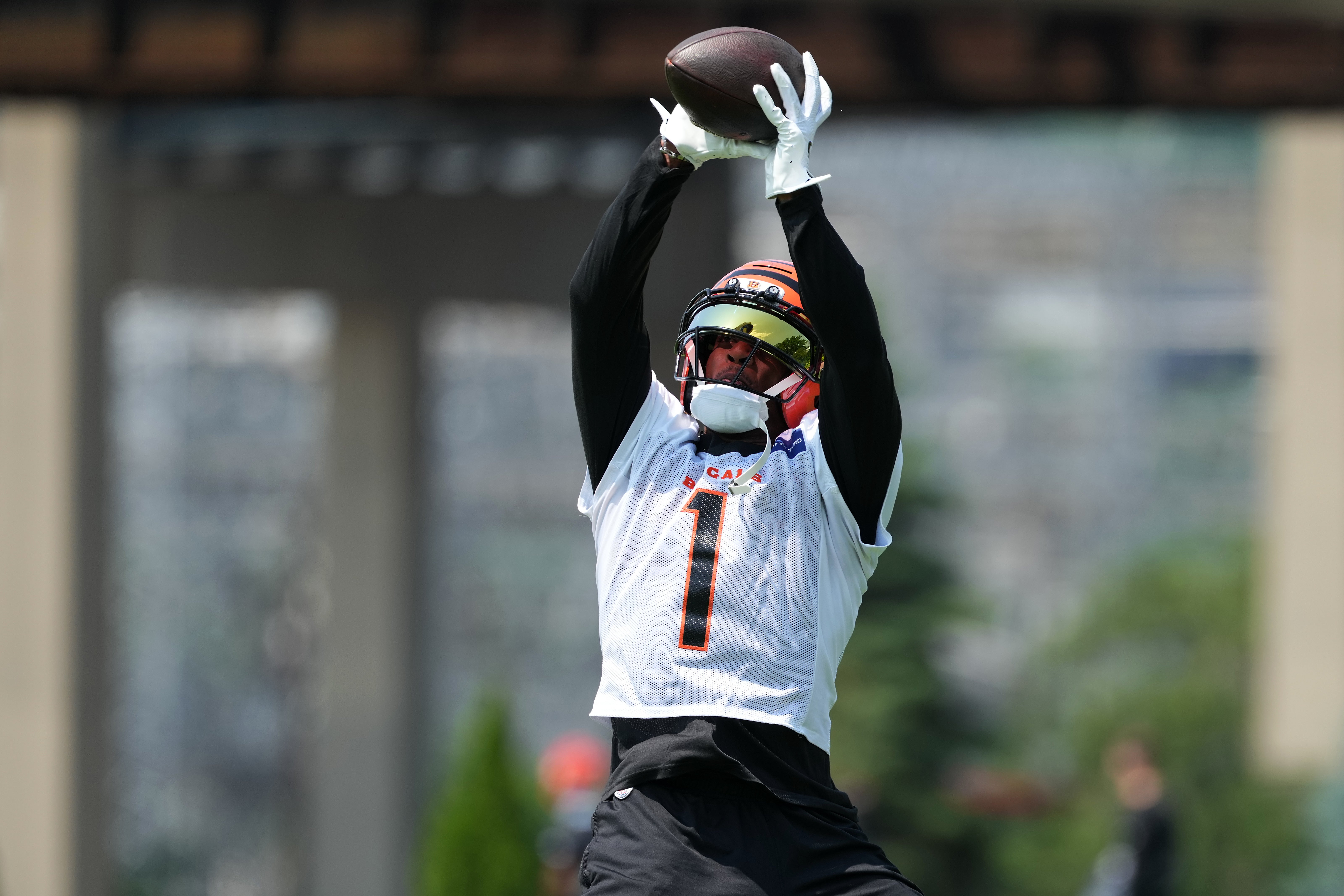 Jun 10, 2025; Cincinnati, OH, USA; Cincinnati Bengals wide receiver Ja'Marr Chase (1) completes a catch during practice at Paycor Stadium.