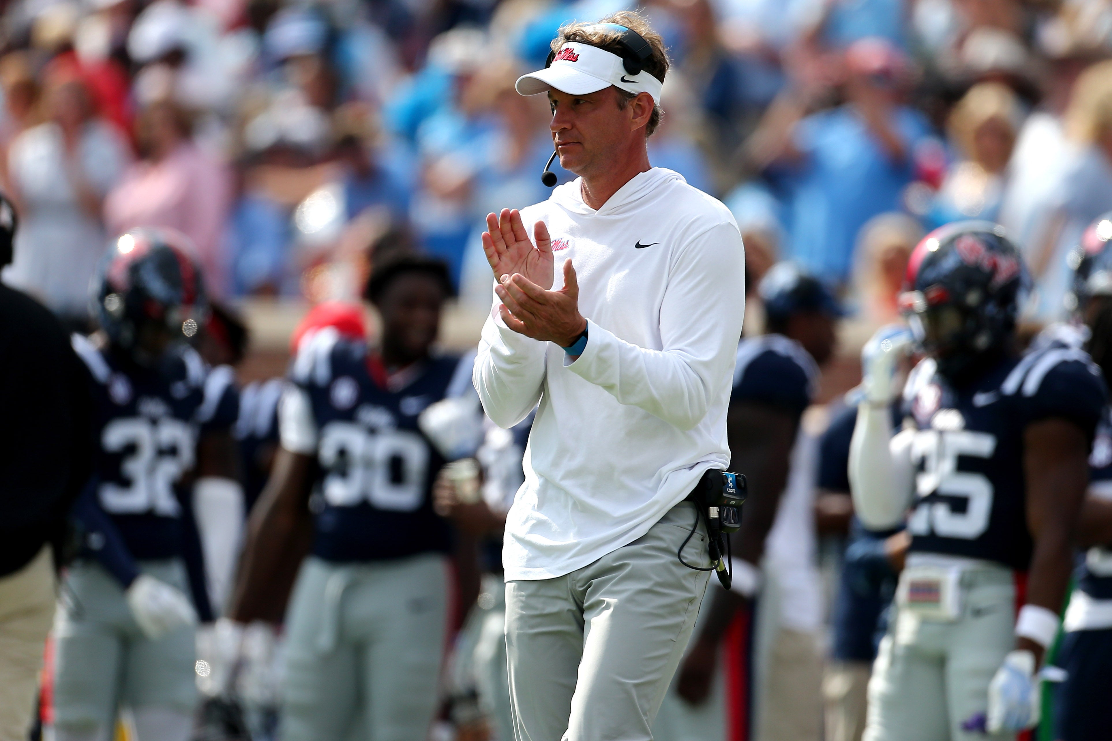 Oct 26, 2024; Oxford, Mississippi, USA; Mississippi Rebels head coach Lane Kiffin reacts during the second half against the Oklahoma Sooners at Vaught-Hemingway Stadium.
