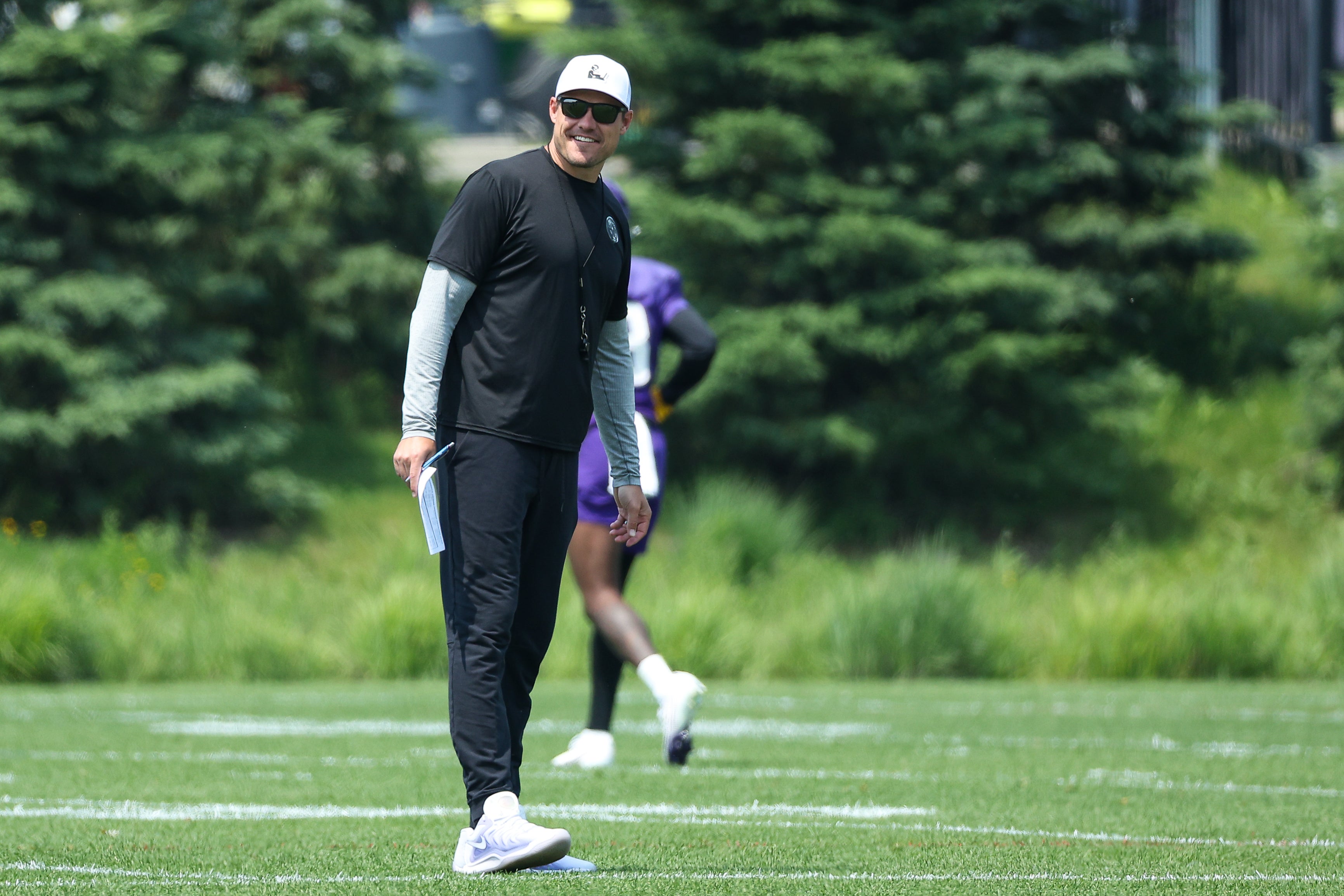 Jun 10, 2025; Minneapolis, MN, USA; Minnesota Vikings head coach Kevin Kevin O'Connell watches practices during minicamp at the Minnesota Vikings Training Facility.
