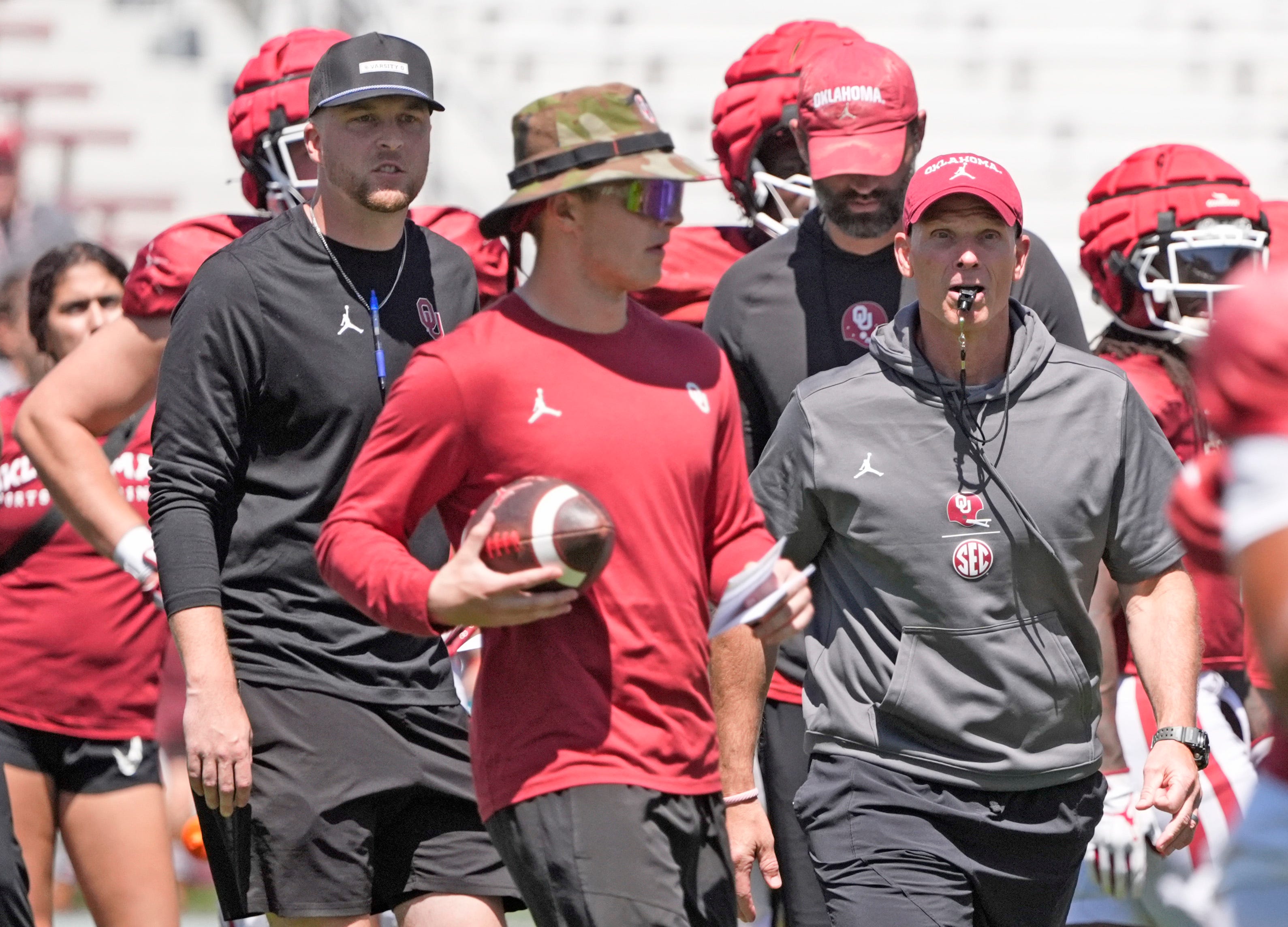 Oklahoma head football coach Brent Venables runs drills during the University of Oklahoma Sooners Crimson Combine at Gaylord Family - Oklahoma Memorial Stadium in Norman, Okla., Saturday, April, 12, 2025.