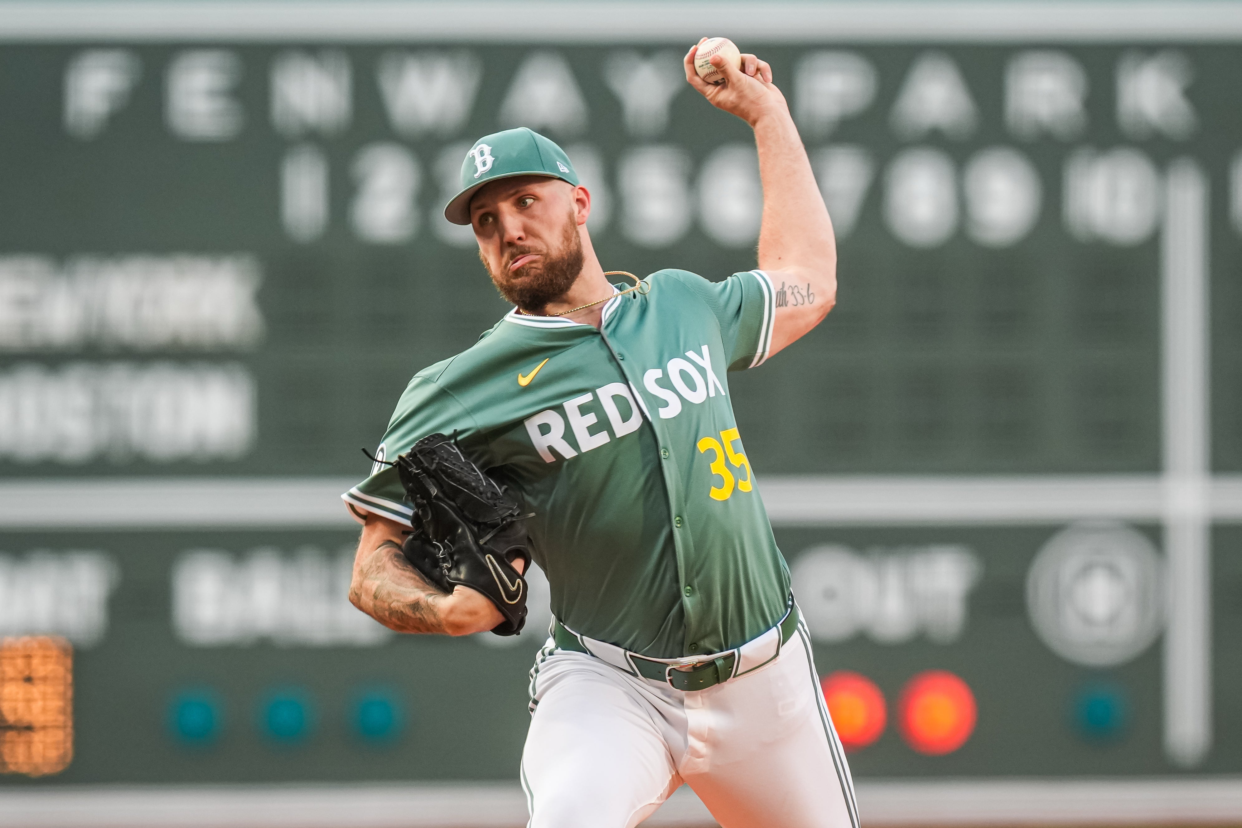 Jun 13, 2025; Boston, Massachusetts, USA; Boston Red Sox pitcher Garrett Crochet (35) throws a pitch against the New York Yankees in the first inning at Fenway Park.