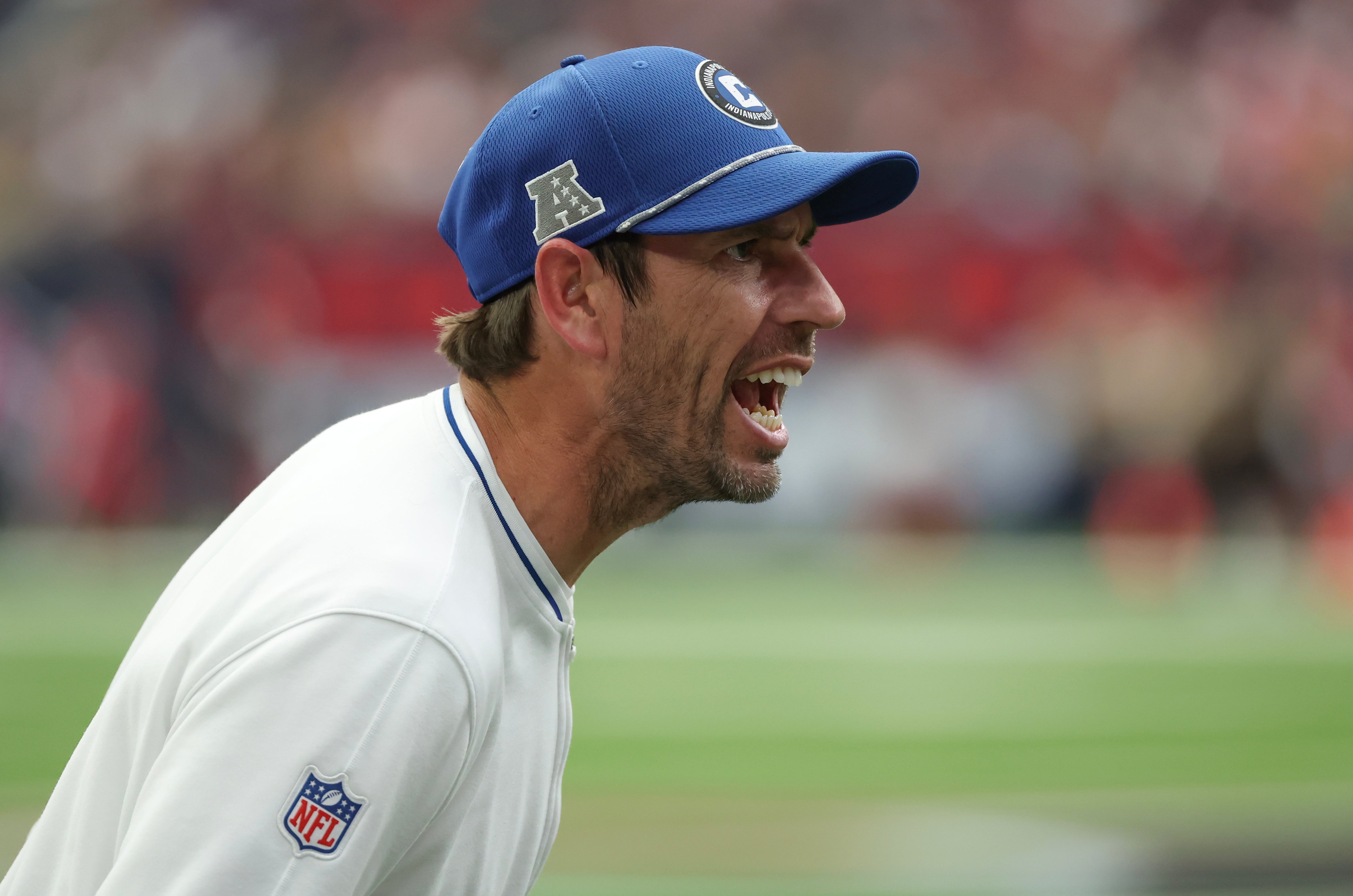 Oct 27, 2024; Houston, Texas, USA; Indianapolis Colts head coach Shane Steichen reacts on a call as they play against the Houston Texans in the second half at NRG Stadium.