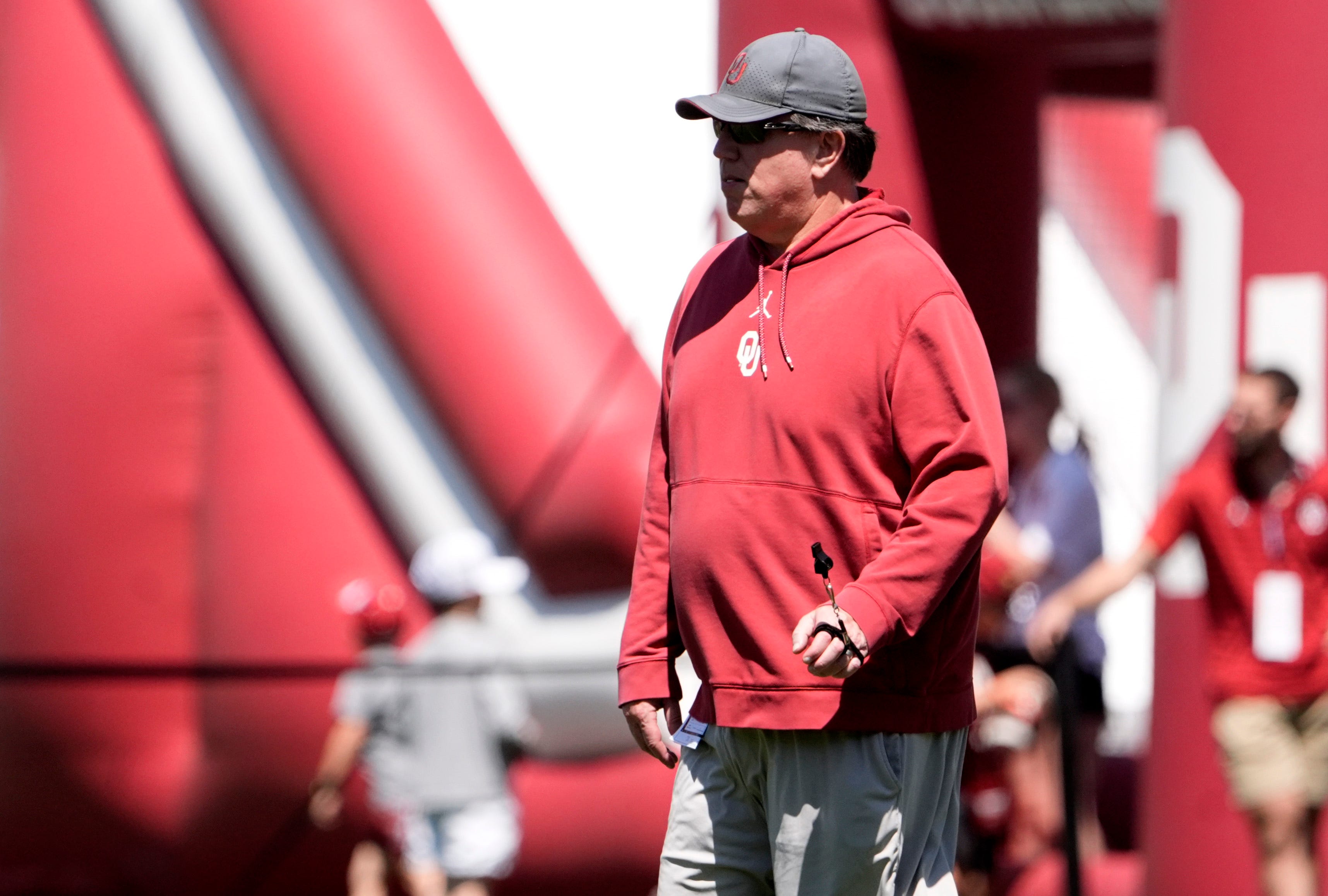 Oklahoma Offensive Line line coach Bill Bedenbaugh runs a play during the University of Oklahoma Sooners Crimson Combine at Gaylord Family - Oklahoma Memorial Stadium in Norman, Okla., Saturday, April, 12, 2025.