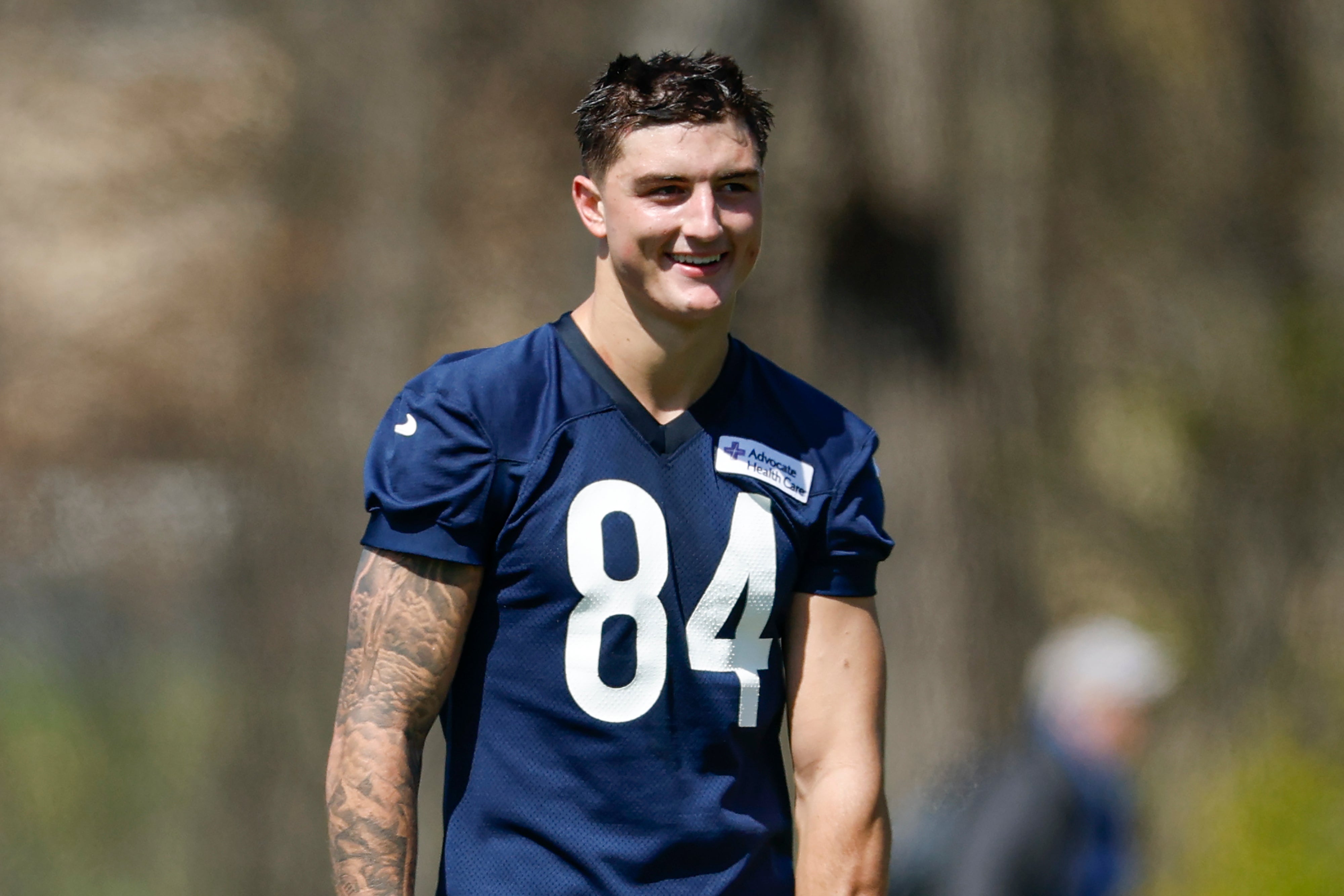 May 9, 2025; Lake Forest, IL, USA; Chicago Bears tight end Colston Loveland (84) smiles during the Rookie Minicamp at Halas Hall.
