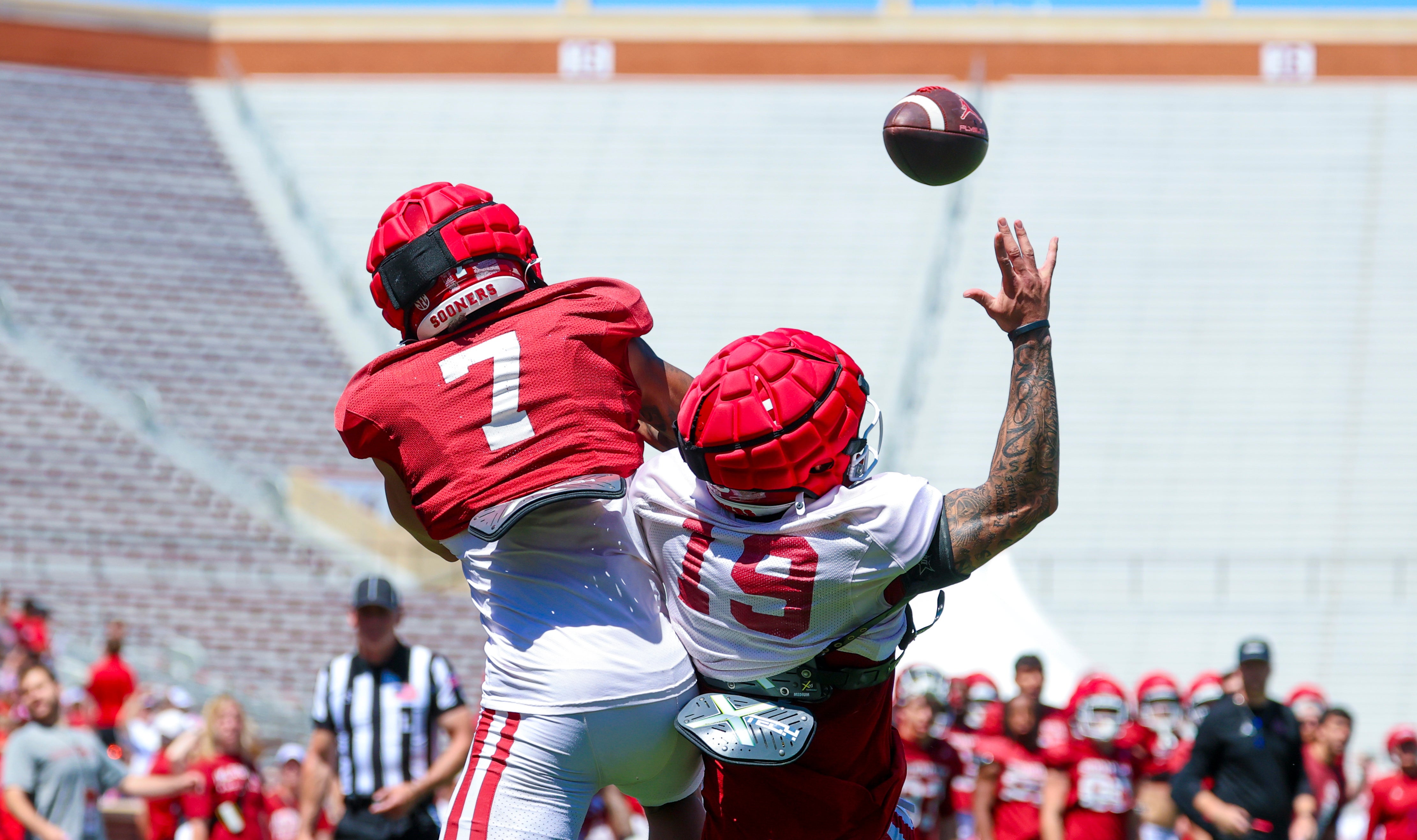 Apr 12, 2025; Norman, OK, USA; Oklahoma Sooners wide receiver Zion Kearney (7) and defensive back Jacobe Johnson (19) battle for the ball during the Crimson Combine at Gaylord Family-Oklahoma Memorial Stadium.
