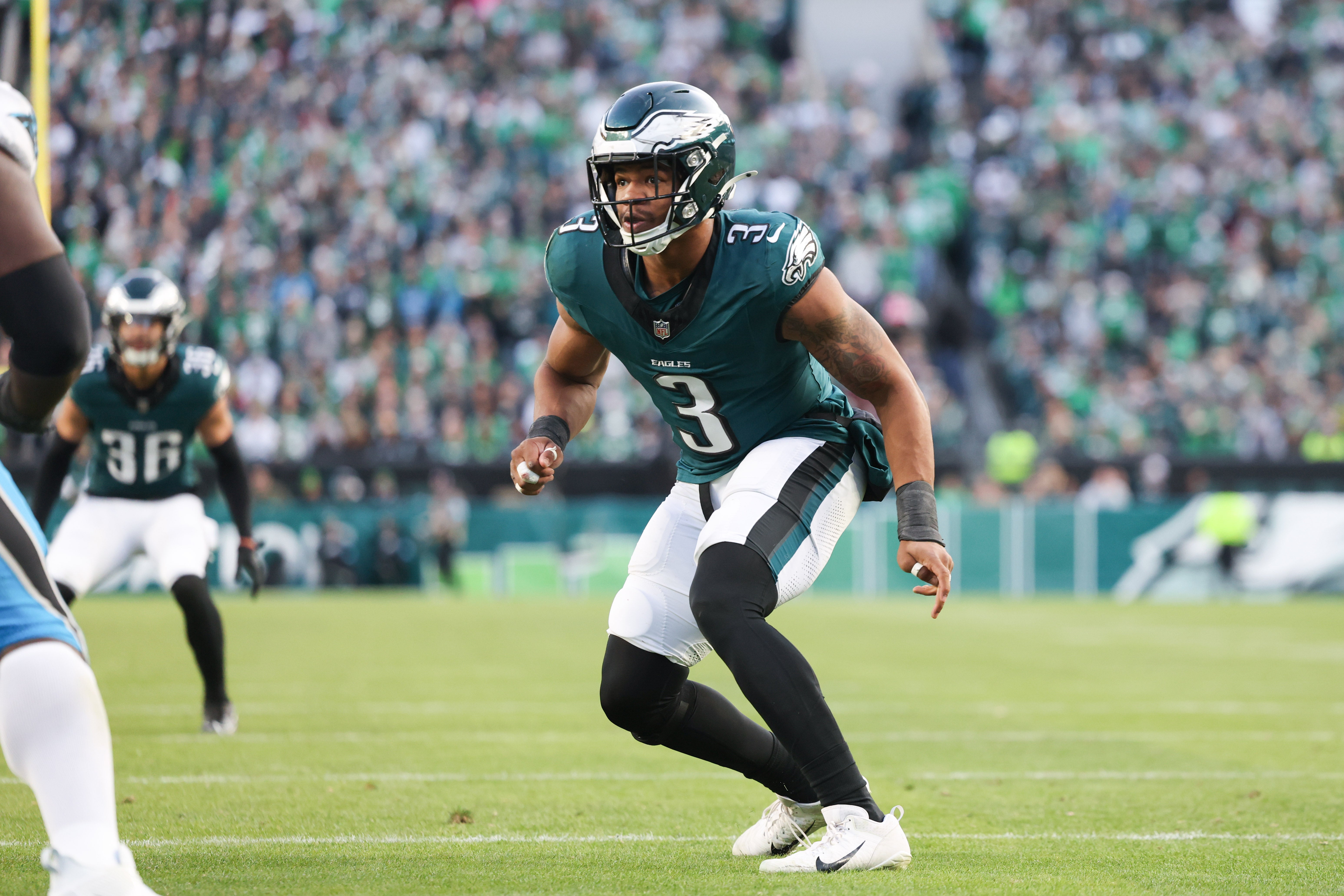 Philadelphia Eagles linebacker Nolan Smith Jr. (3) in action against the Carolina Panthers at Lincoln Financial Field.