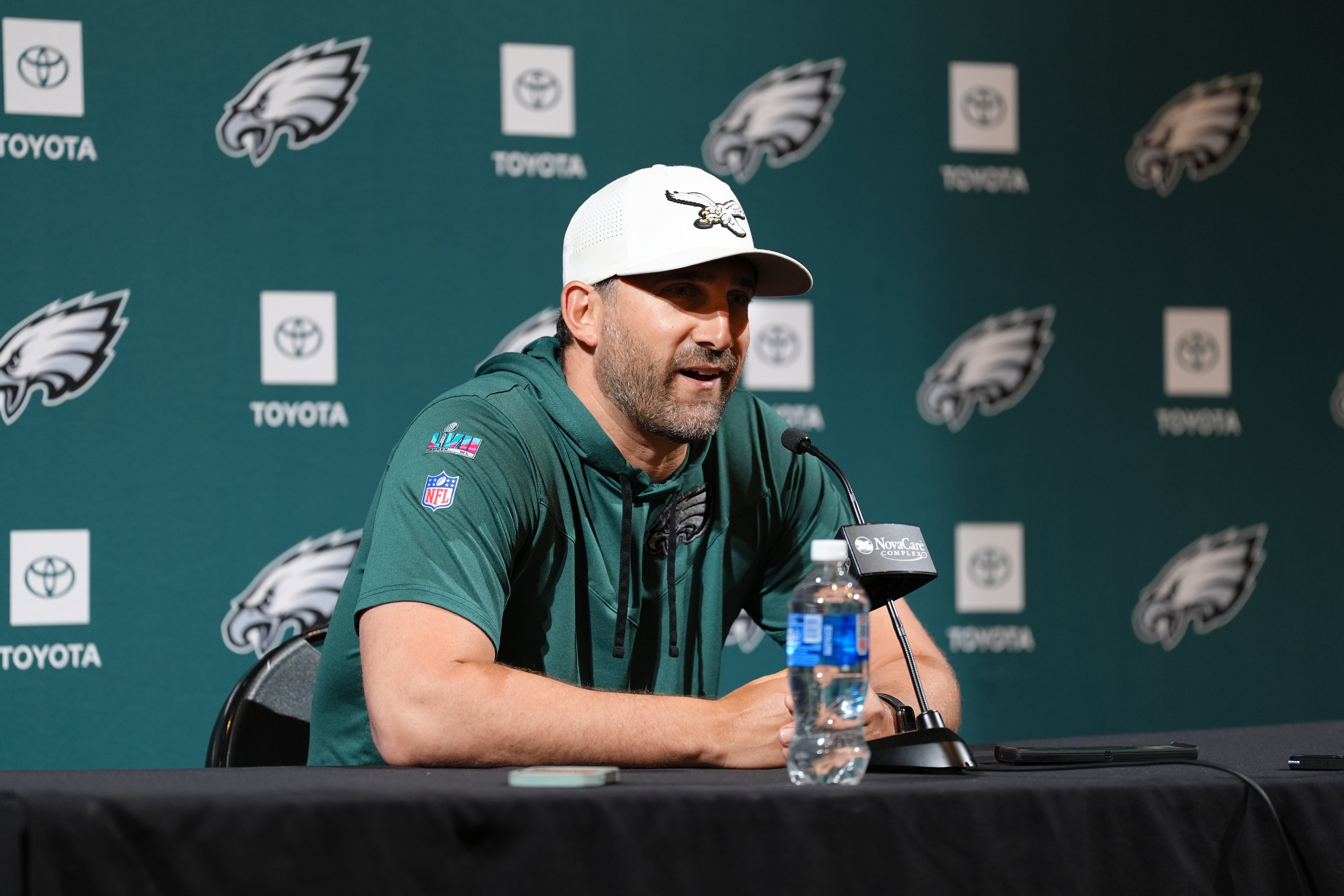 Philadelphia Eagles head coach Nick Sirianni addresses media during a press conference at NovaCare Complex.