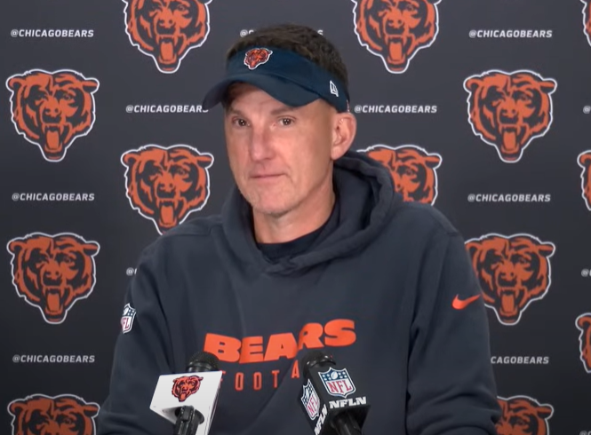 Dennis Allen speaks with reporters at Halas Hall.