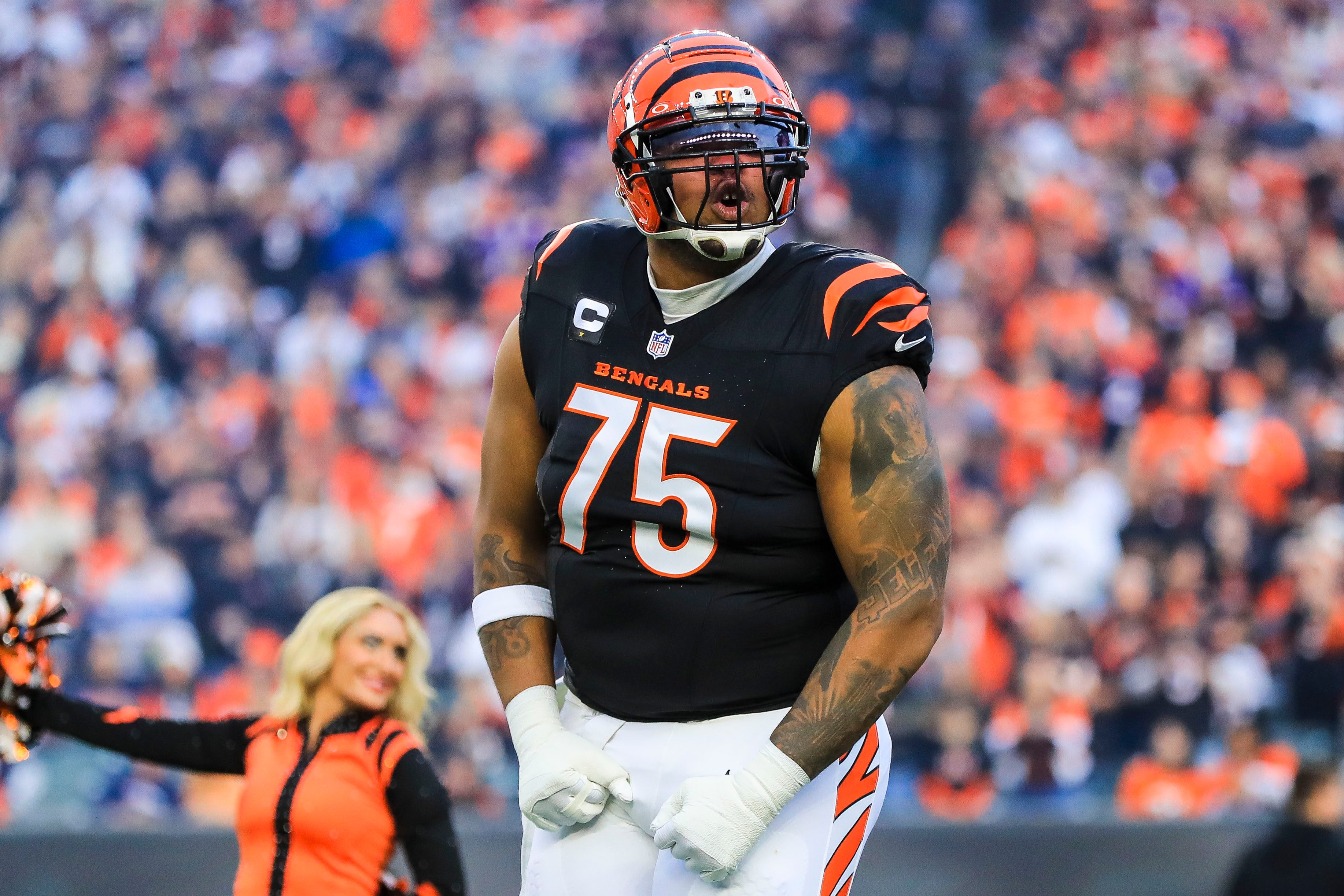 Dec 28, 2024; Cincinnati, Ohio, USA; Cincinnati Bengals offensive tackle Orlando Brown Jr. (75) runs onto the field before the game against the Denver Broncos at Paycor Stadium.