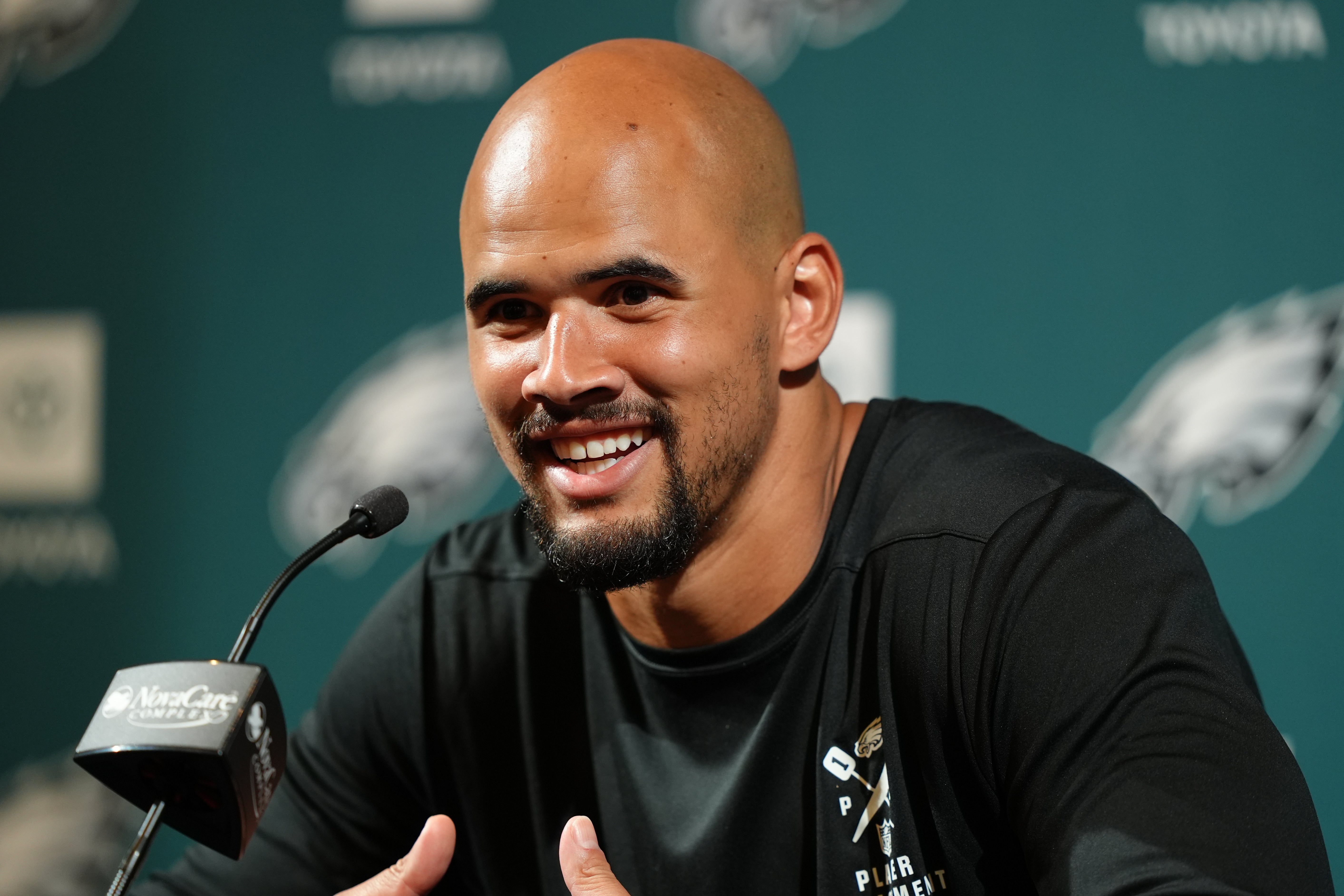 Philadelphia Eagles linebacker Zack Baun (53) addresses media during a press conference at NovaCare Complex.