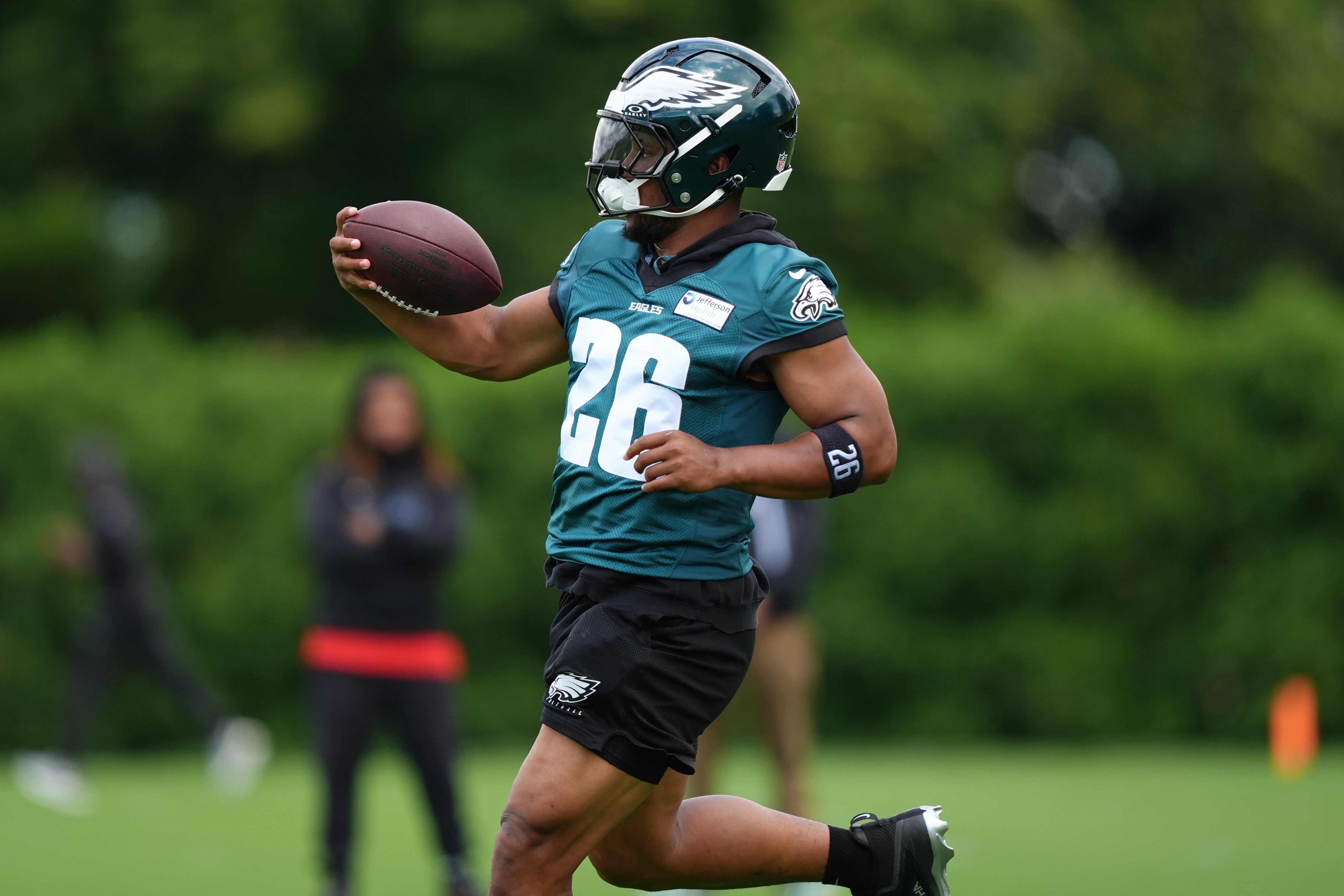 Philadelphia Eagles running back Saquon Barkley (26) performs a practice drill at NovaCare Complex.