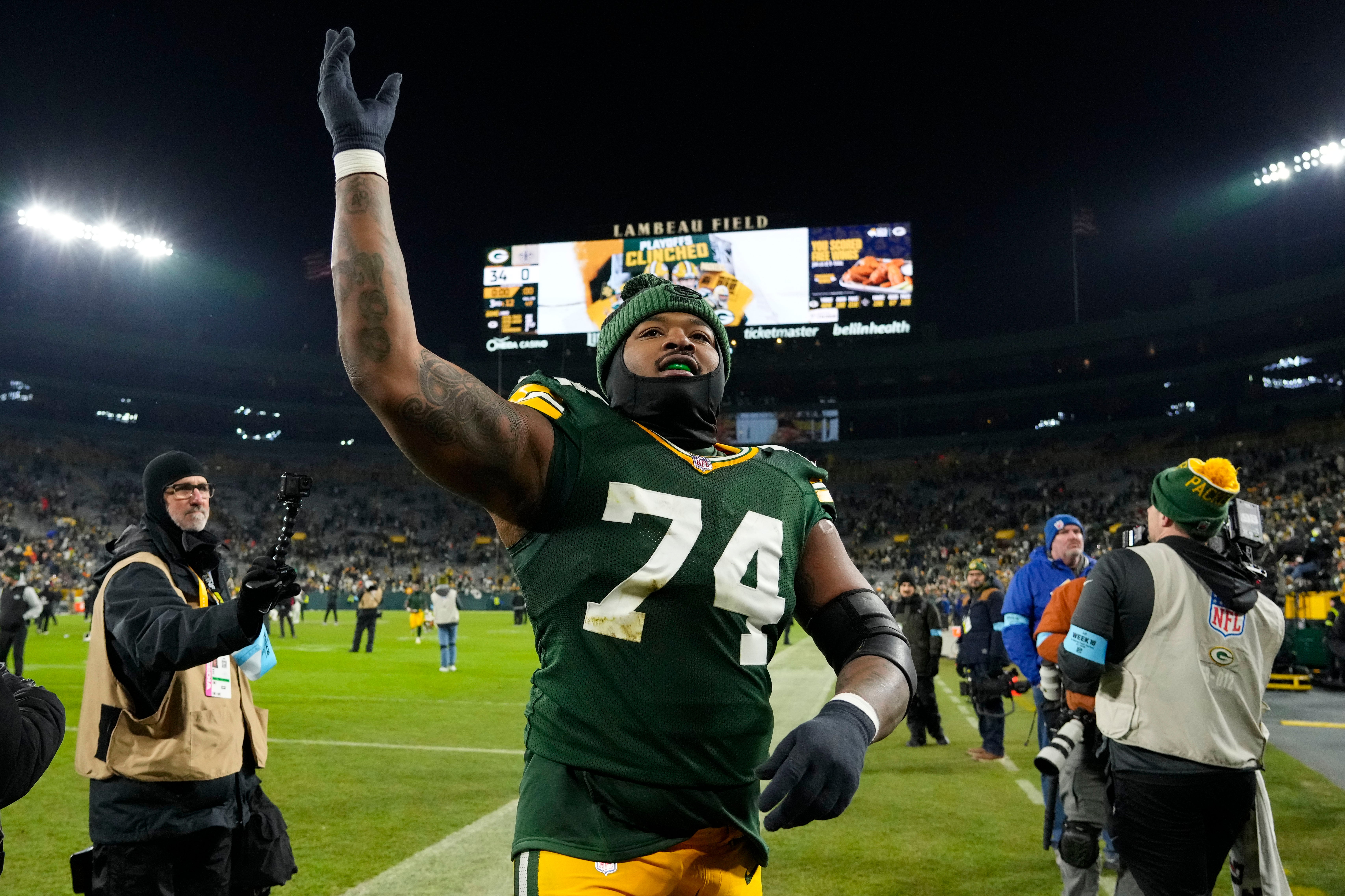 Green Bay Packers guard Elgton Jenkins (74) following the game against the New Orleans Saints at Lambeau Field.