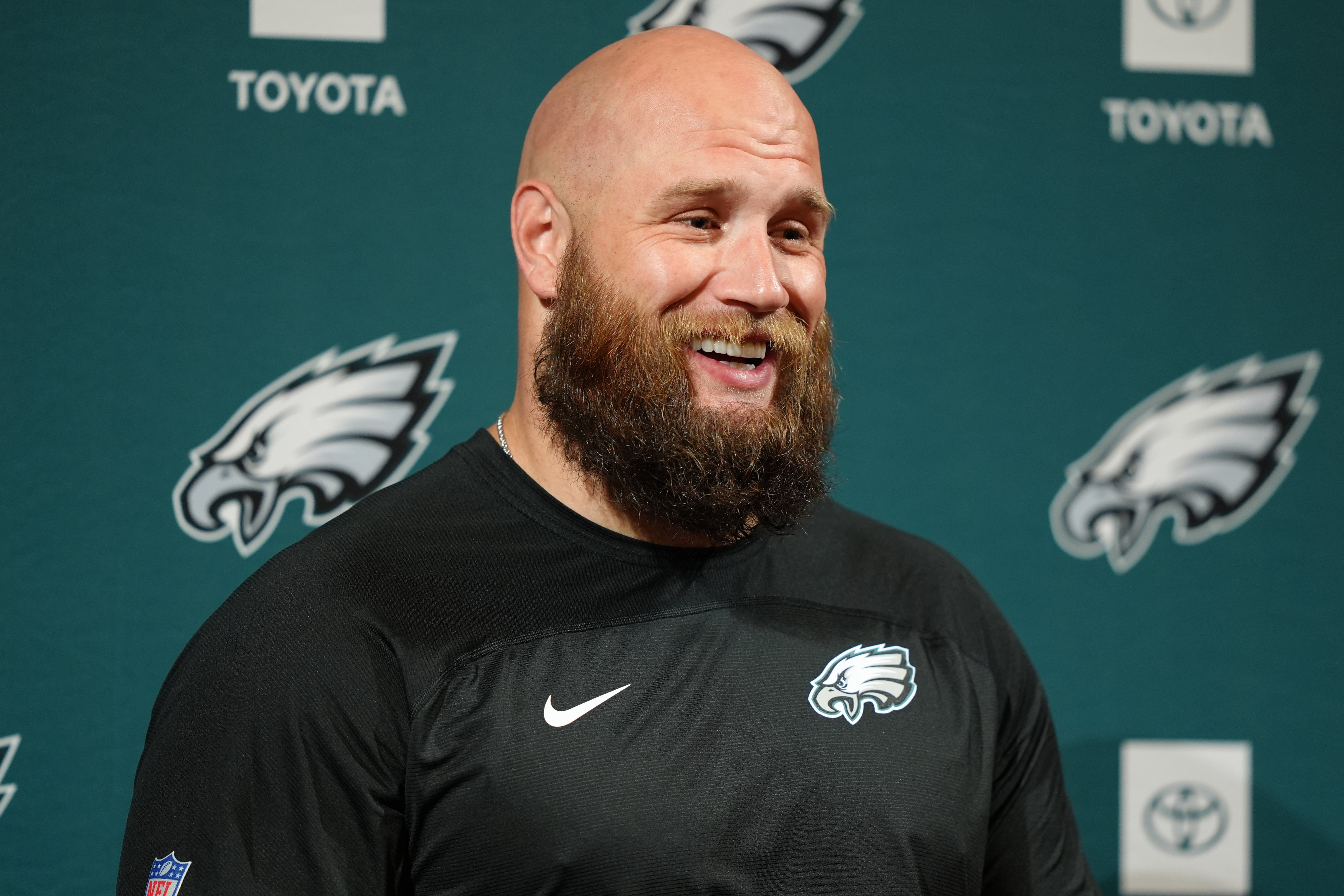 Philadelphia Eagles offensive lineman Lane Johnson (65) addresses media during a press conference at NovaCare Complex.