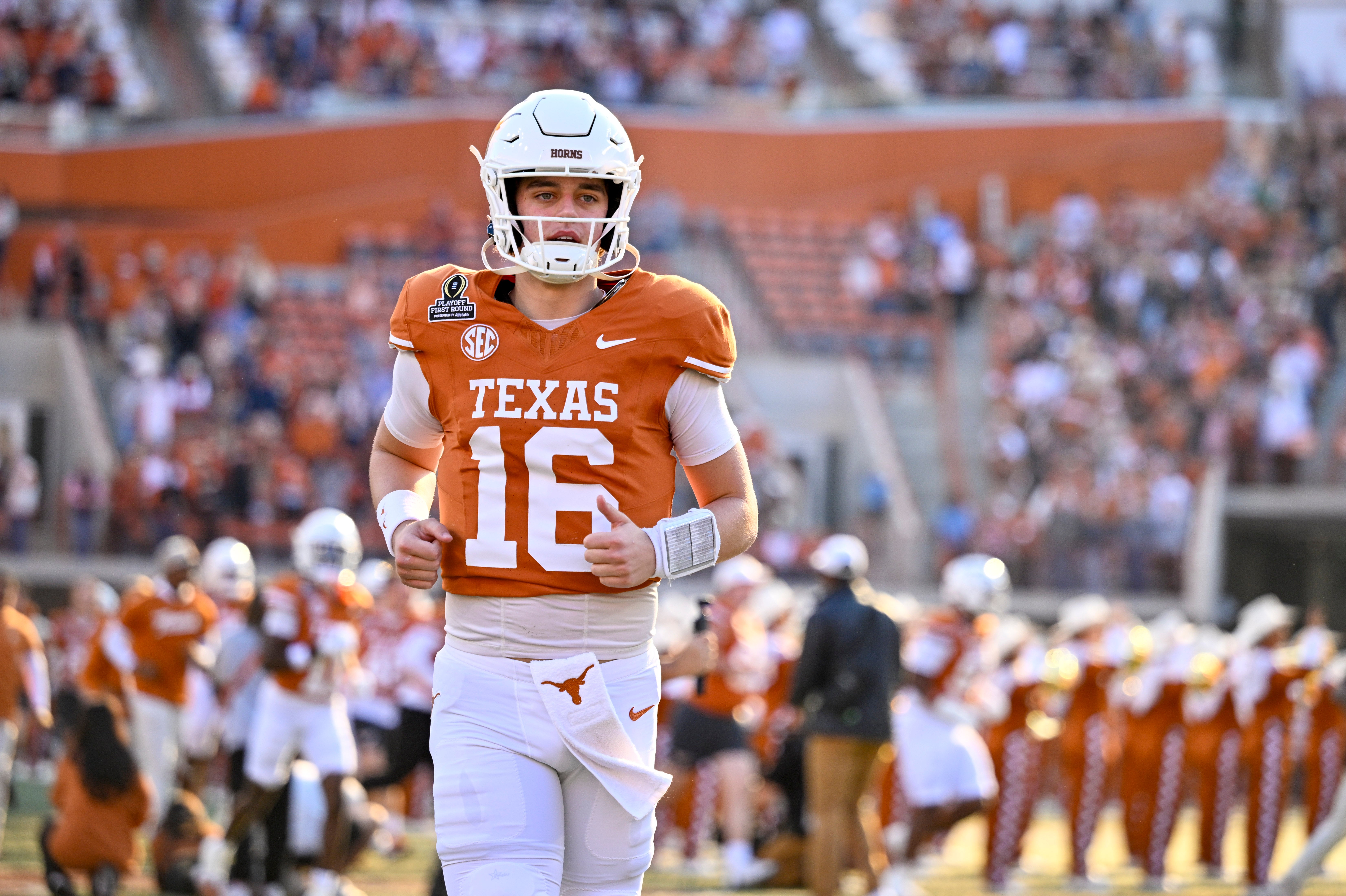 Dec 21, 2024; Austin, Texas, USA; Texas Longhorns quarterback Arch Manning (16) takes the field before the game between the Texas Longhorns and the Clemson Tigers in the CFP National Playoff First Round at Darrell K Royal-Texas Memorial Stadium.