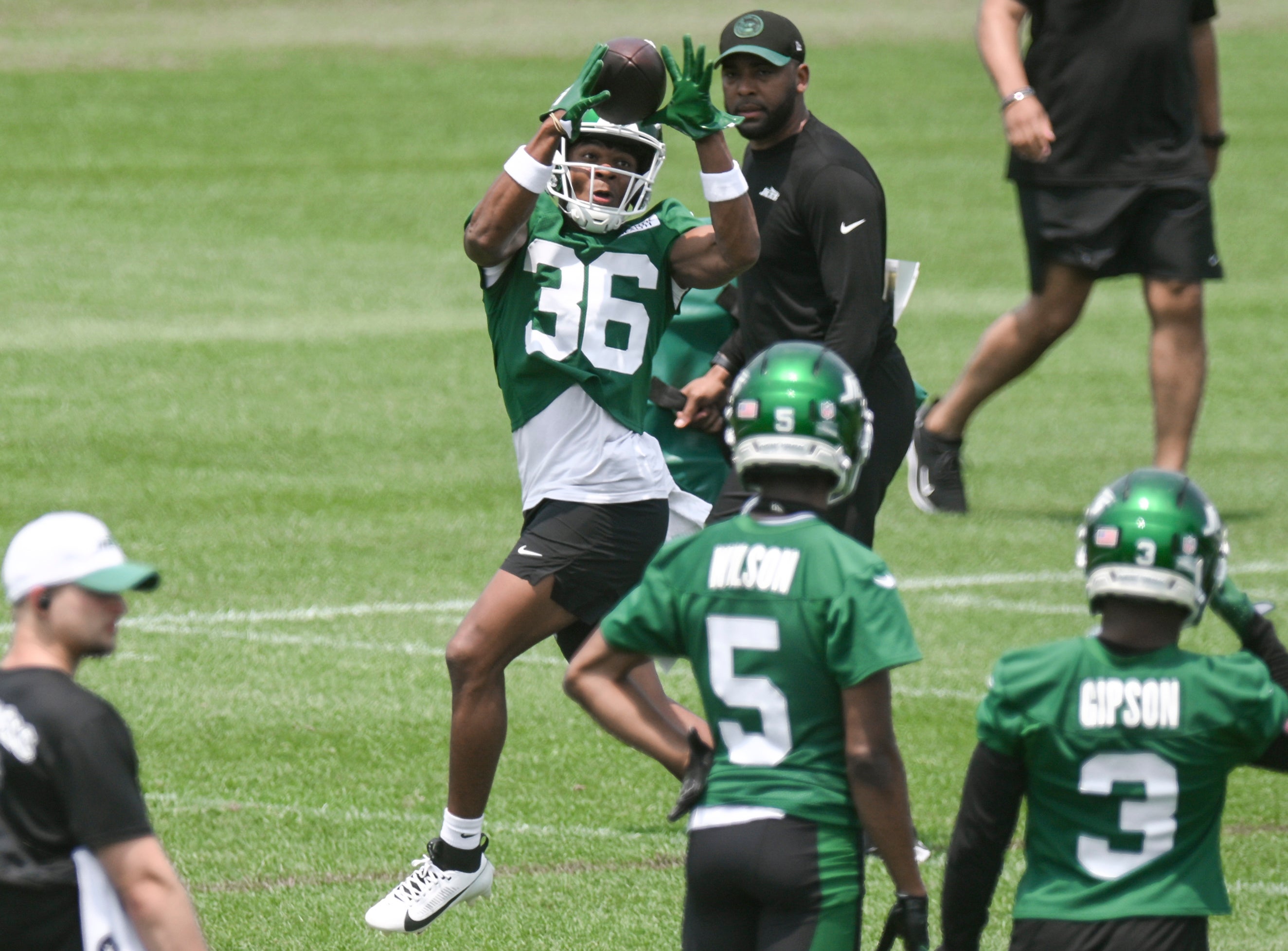 New York Jets wide receiver Jamaal Pritchett (36) catches a pass during minicamp at Atlantic Health Jets Training Center.