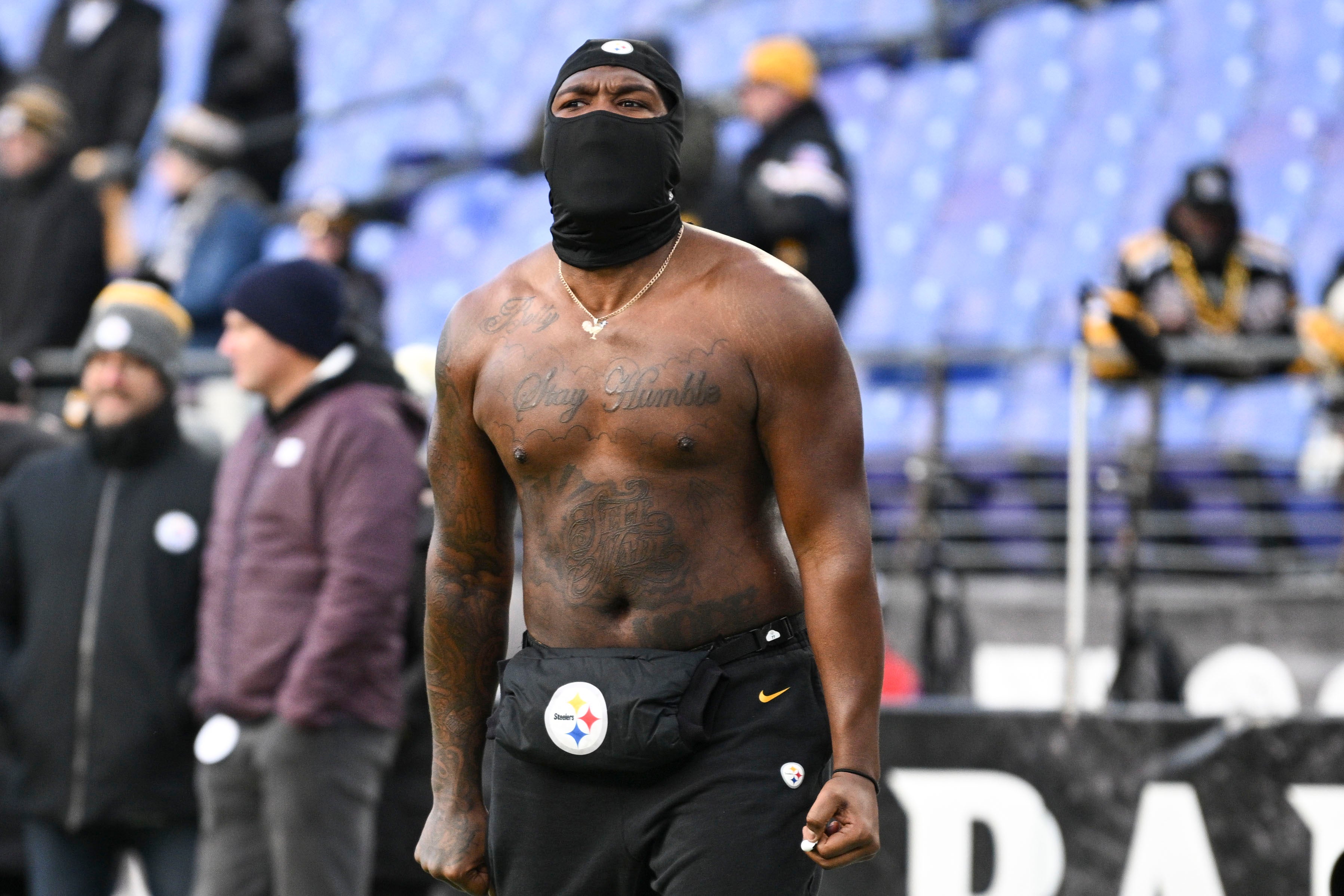 Dec 21, 2024; Baltimore, Maryland, USA; Pittsburgh Steelers offensive tackle Broderick Jones (77) warms up on the field before the game against the Baltimore Ravens at M&T Bank Stadium.
