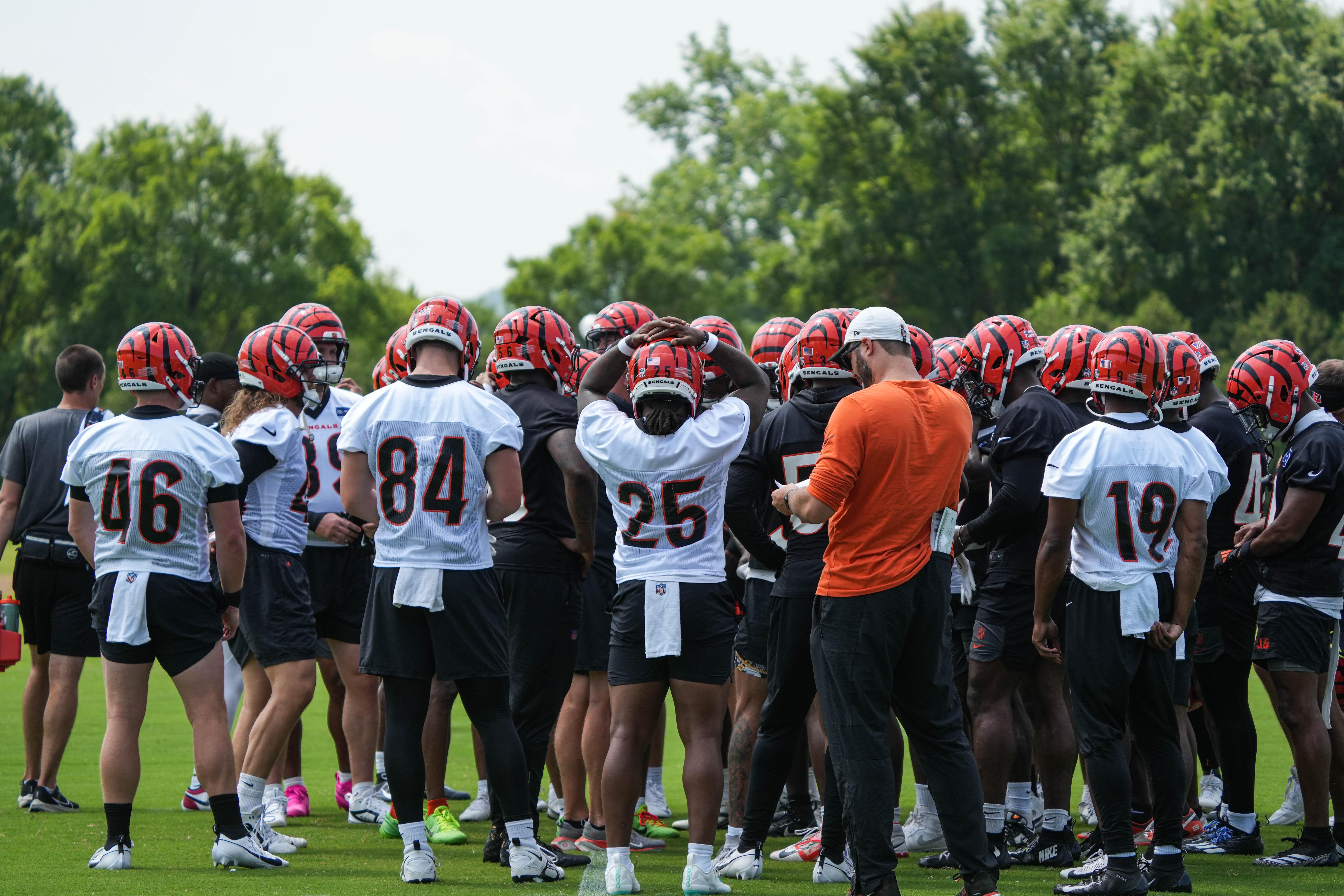 The Cincinnati Bengals gather on their practice field for a minicamp training session on Tuesday June 10, 2025.