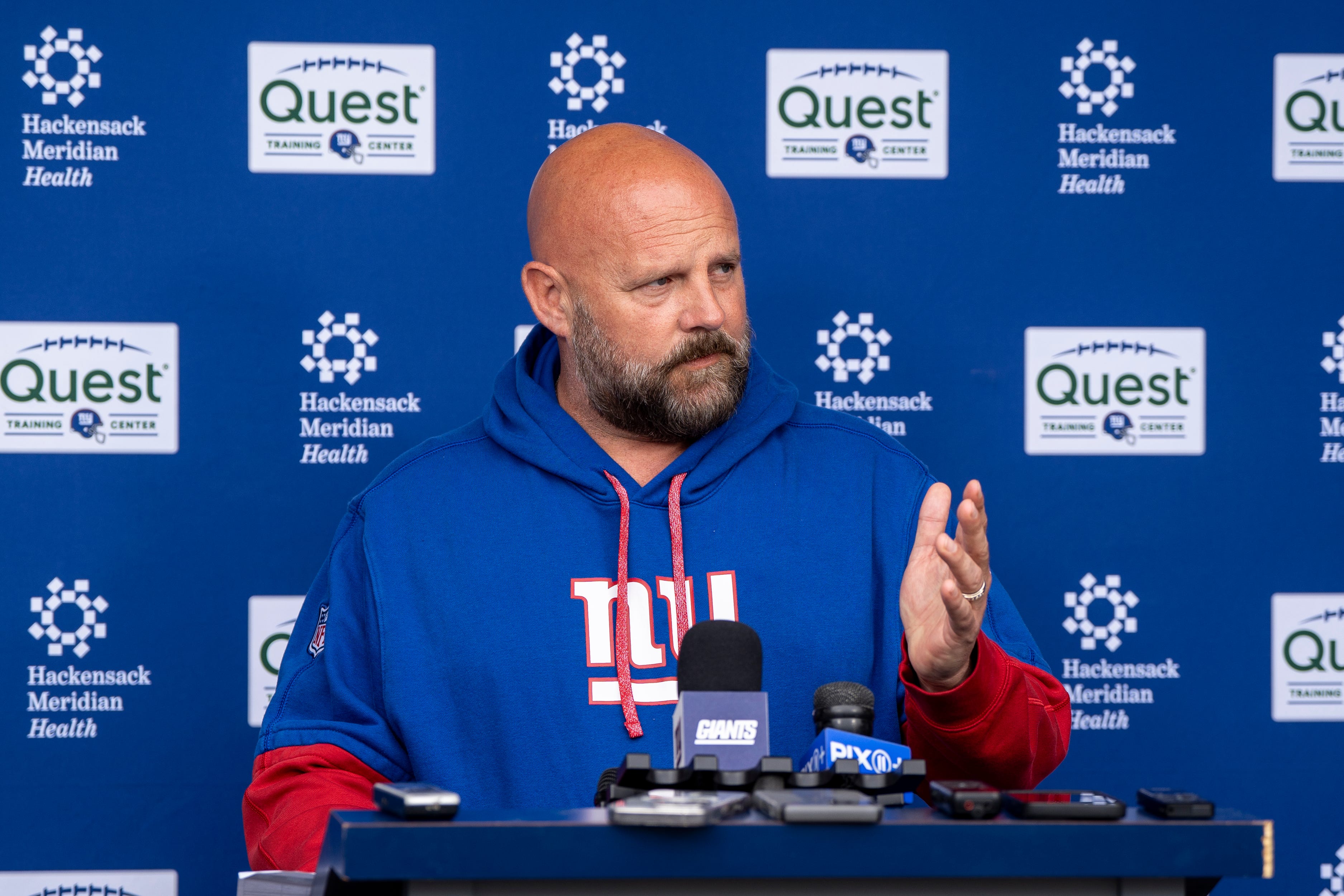 Brian Daboll, head coach of the NY Giants, addresses the press at Quest Diagnostics Training Center, East Rutherford, NJ, May 28, 2025.