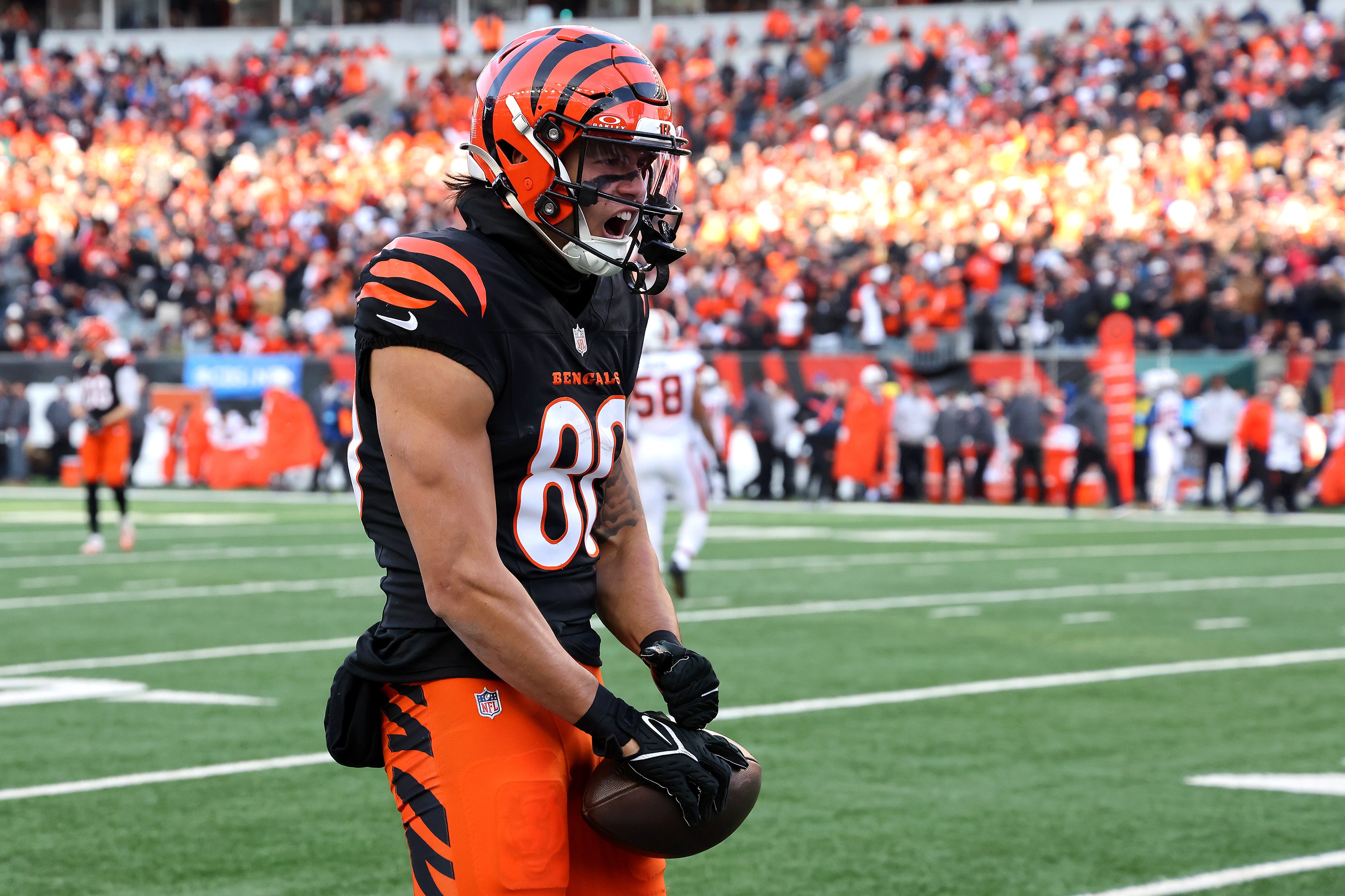 Dec 22, 2024; Cincinnati, Ohio, USA; Cincinnati Bengals wide receiver Andrei Iosivas (80) celebrates a first down catch during the fourth quarter against the Cleveland Browns at Paycor Stadium.