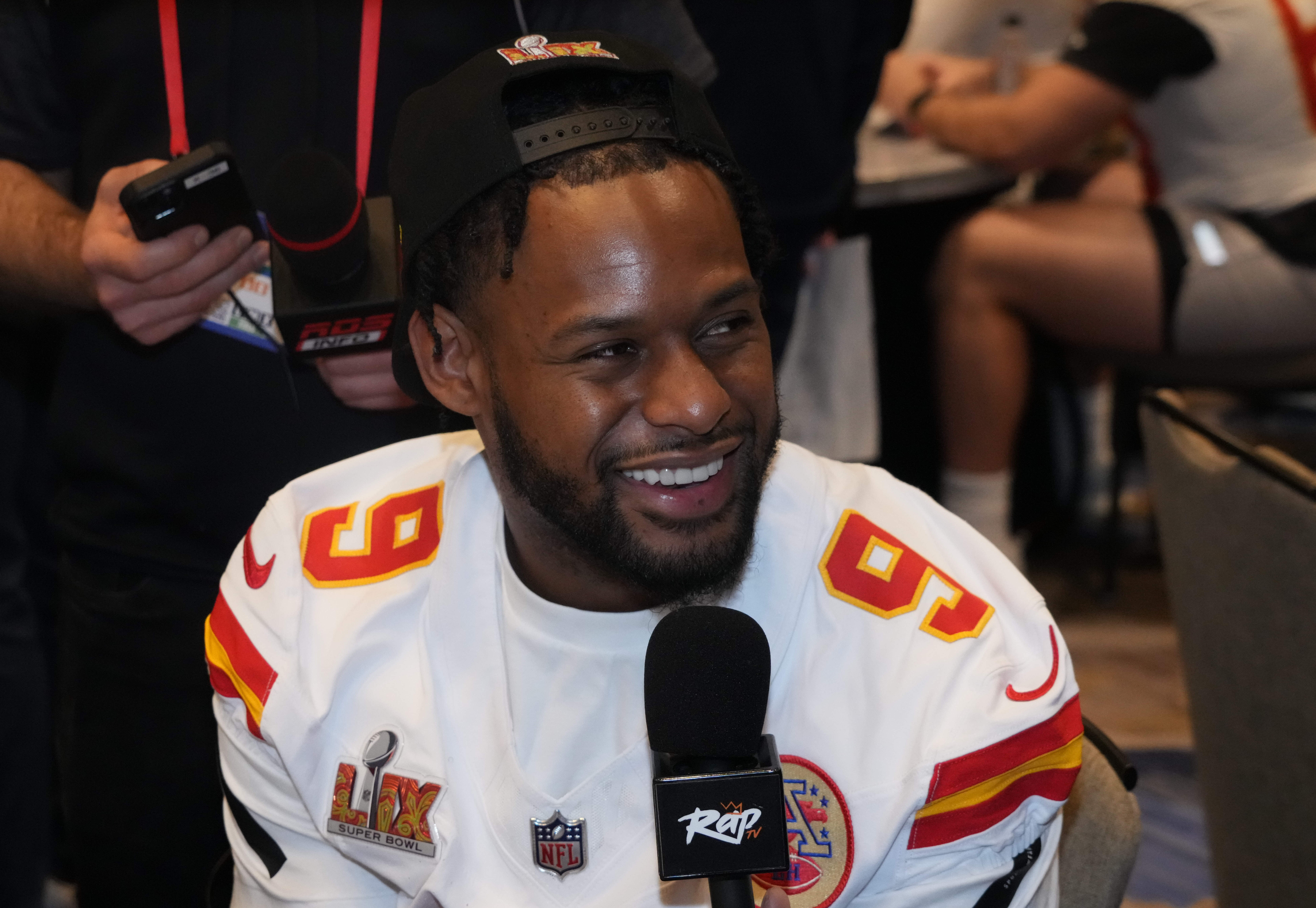 Feb 5, 2025; New Orleans, LA, USA; Kansas City Chiefs wide receiver JuJu Smith-Schuster (9) in a press conference ahead of Super Bowl LIX at New Orleans Marriott.