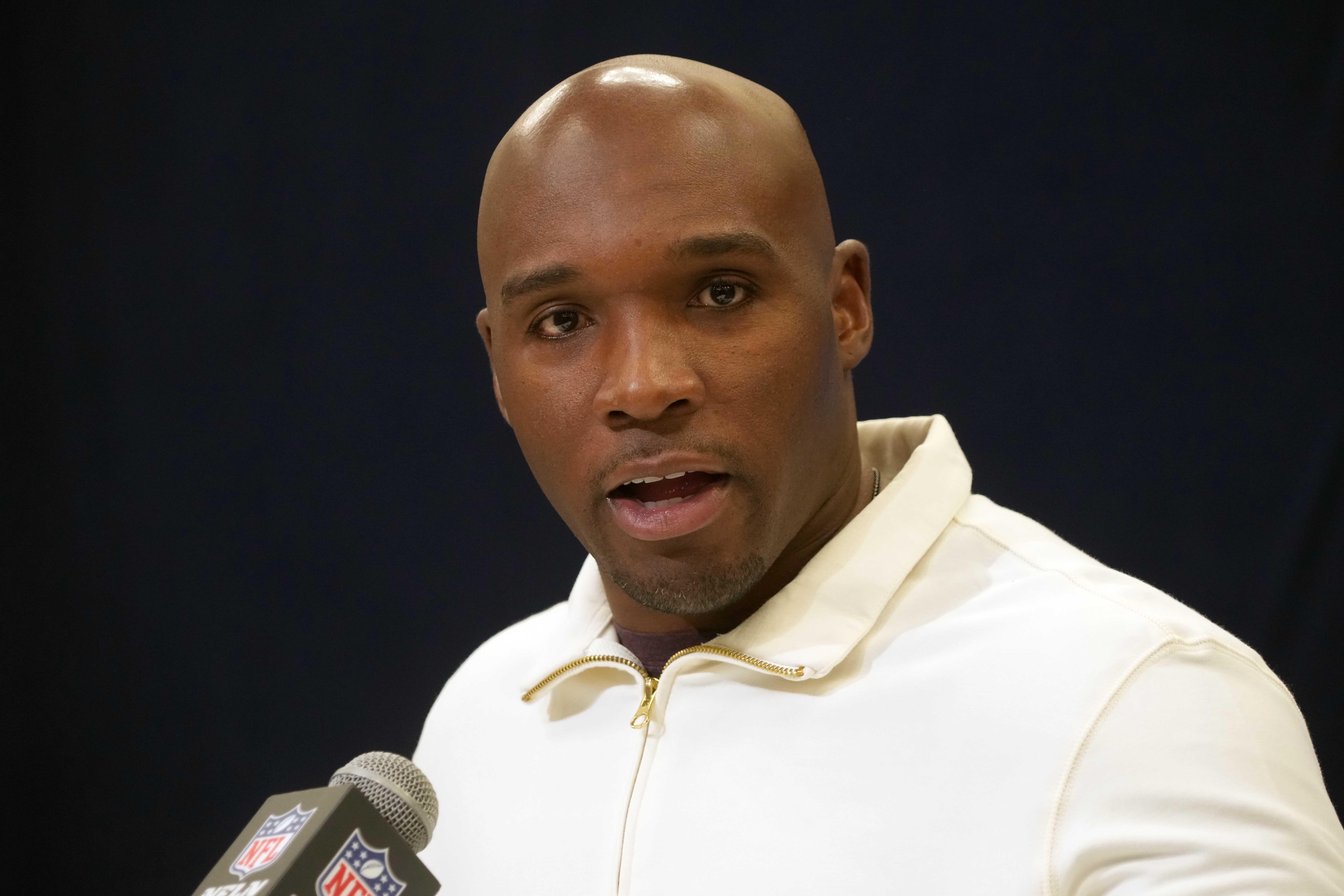 Feb 25, 2025; Indianapolis, IN, USA; Houston Texans coach DeMeco Ryans speaks during the NFL Scouting Combine at the Indiana Convention Center.
