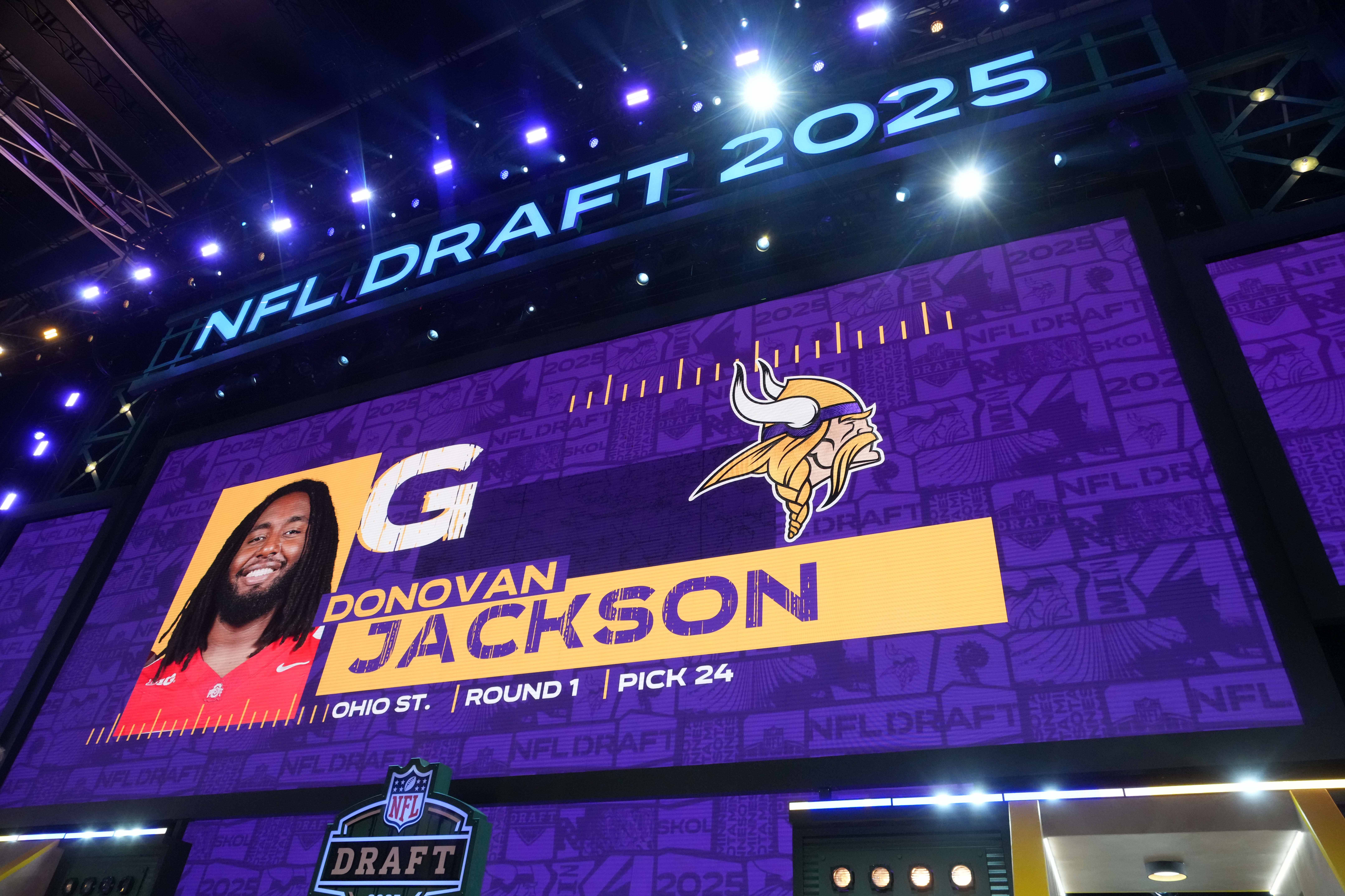 Apr 24, 2025; Green Bay, WI, USA; Ohio State Buckeyes guard Donovan Jackson is selected as the No. 24 pick by the Minnesota Vikings during the NFL Draft at Lambeau Field.