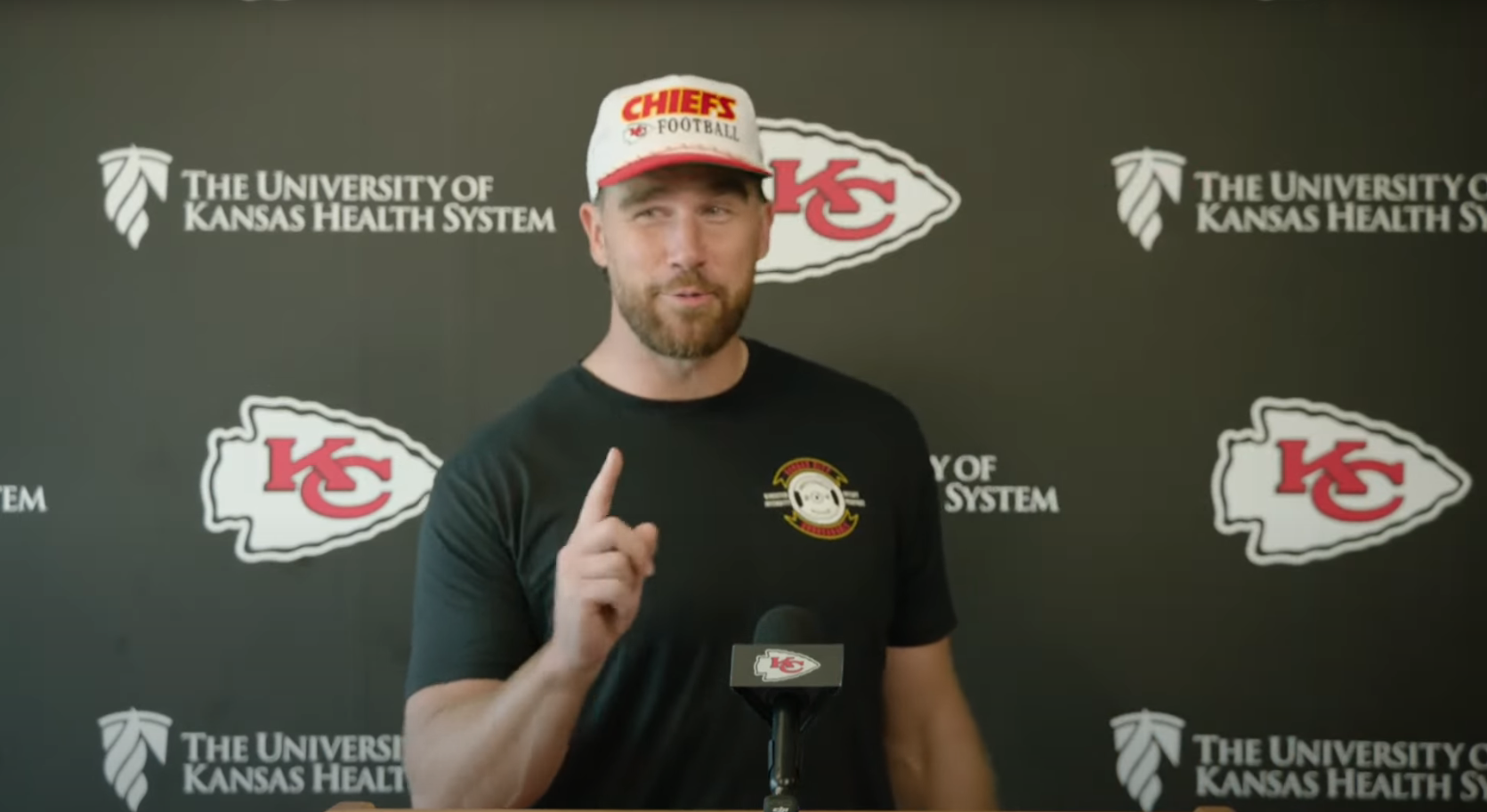 Kansas City Chiefs TE Travis Kelce wags his finger at media members during his mandatory minicamp media availability.