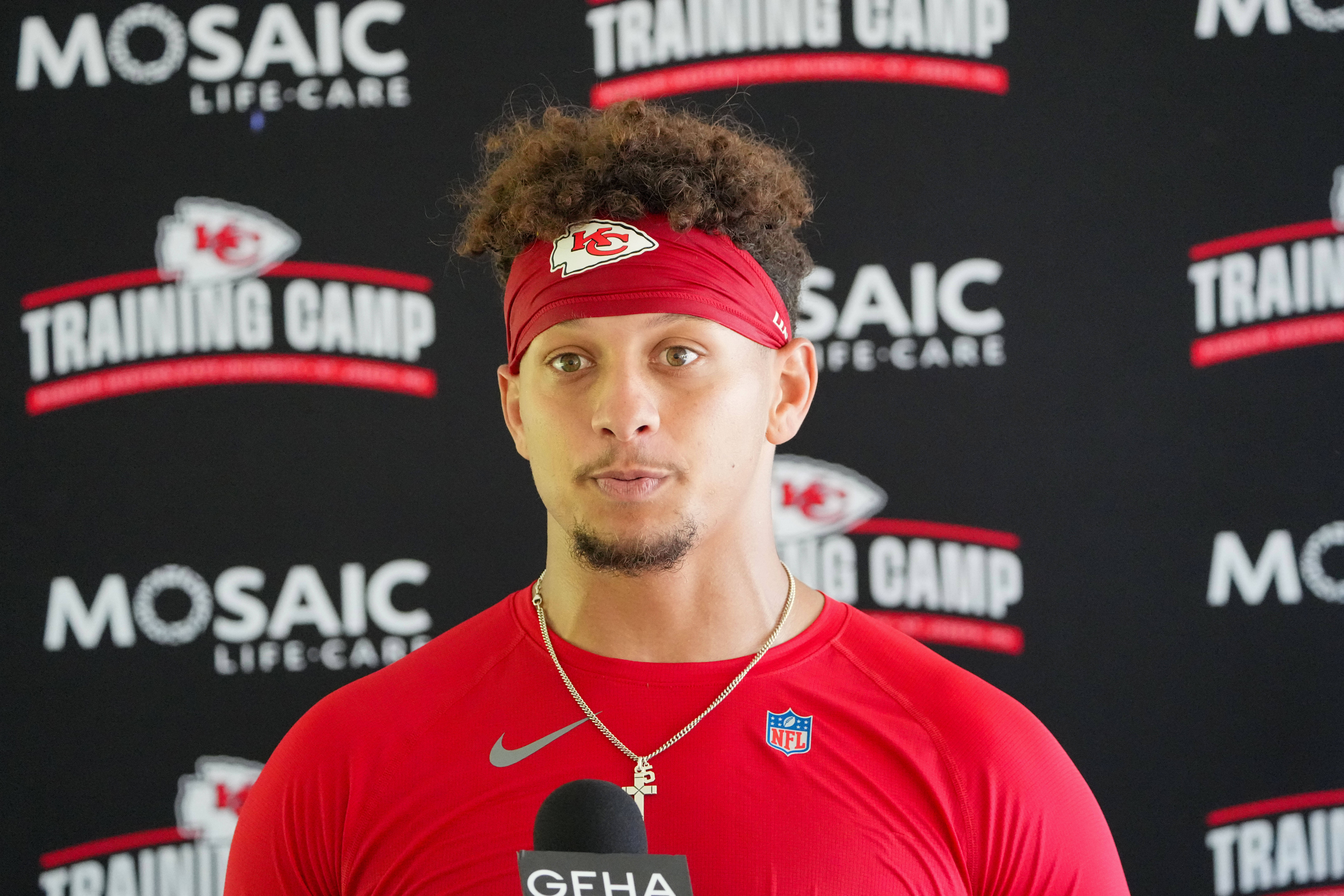 Jul 26, 2024; Kansas City, MO, USA; Kansas City Chiefs quarterback Patrick Mahomes (15) speaks to the media after training camp at Missouri Western State University.