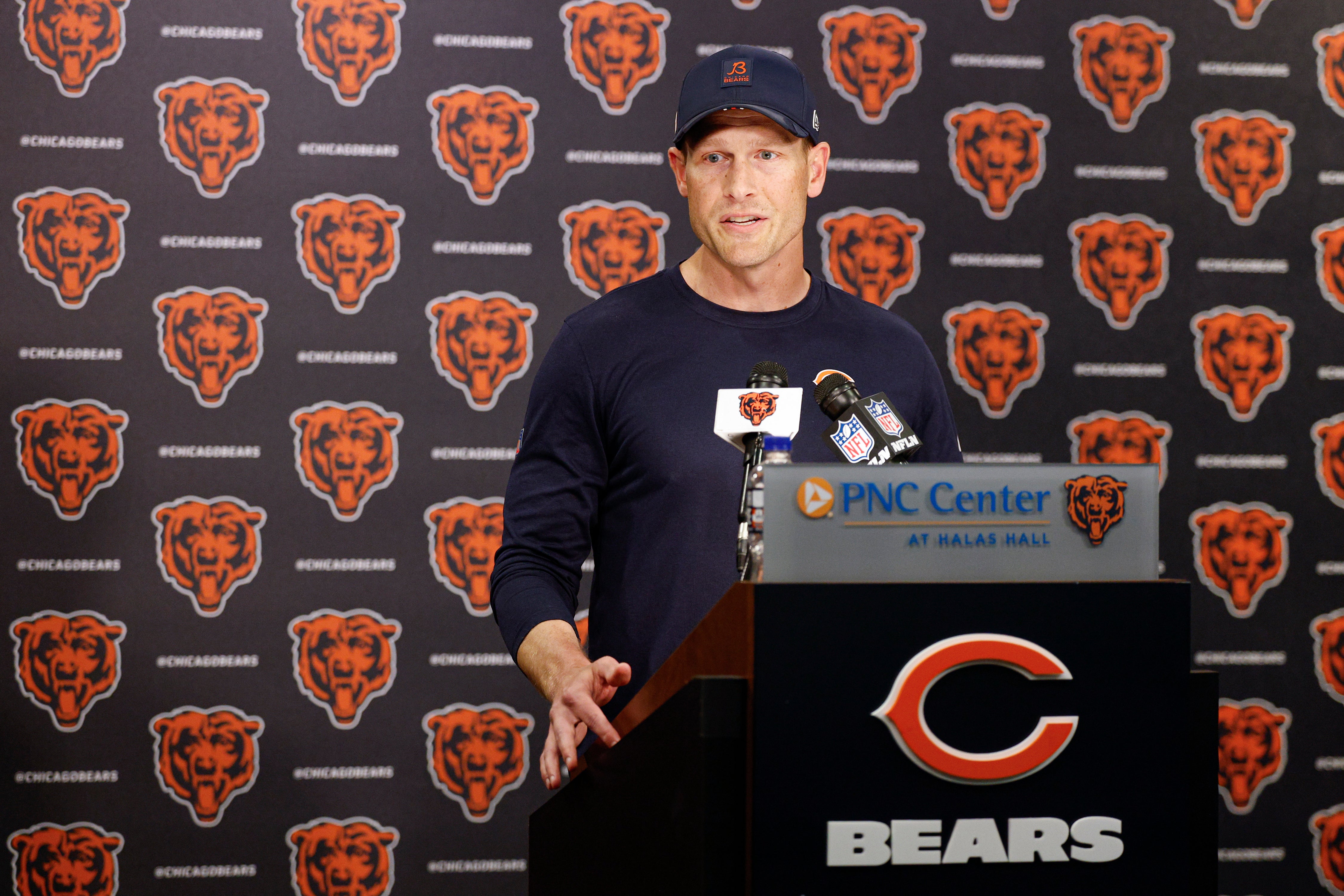 Jun 3, 2025; Lake Forest, IL, USA; Chicago Bears head coach Ben Johnson speaks during minicamp at Halas Hall.