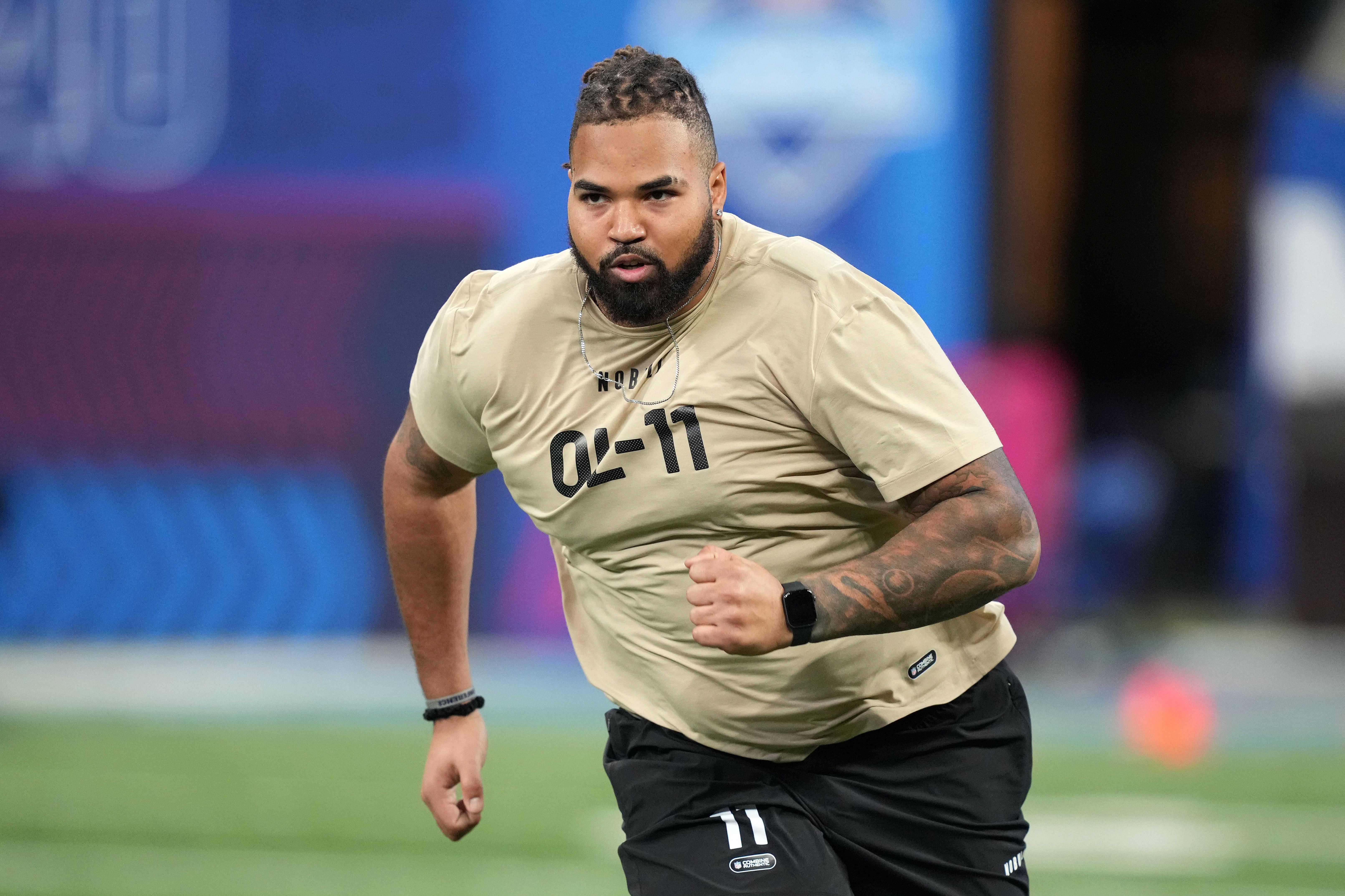 Mar 3, 2024; Indianapolis, IN, USA; Texas Christian offensive lineman Andrew Coker (OL11) during the 2024 NFL Combine at Lucas Oil Stadium.
