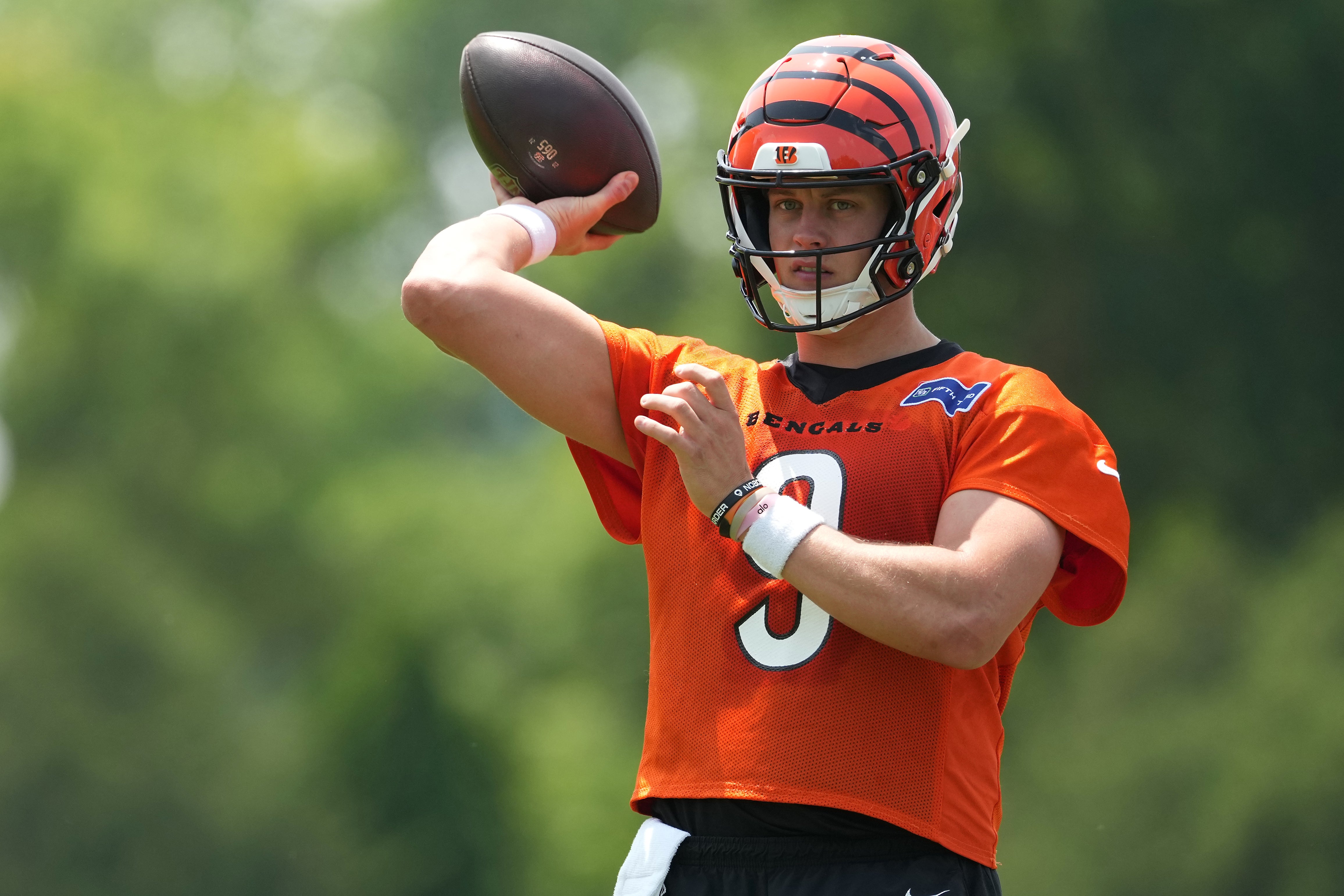 Jun 10, 2025; Cincinnati, OH, USA; Cincinnati Bengals quarterback Joe Burrow (9) during practice at Paycor Stadium.