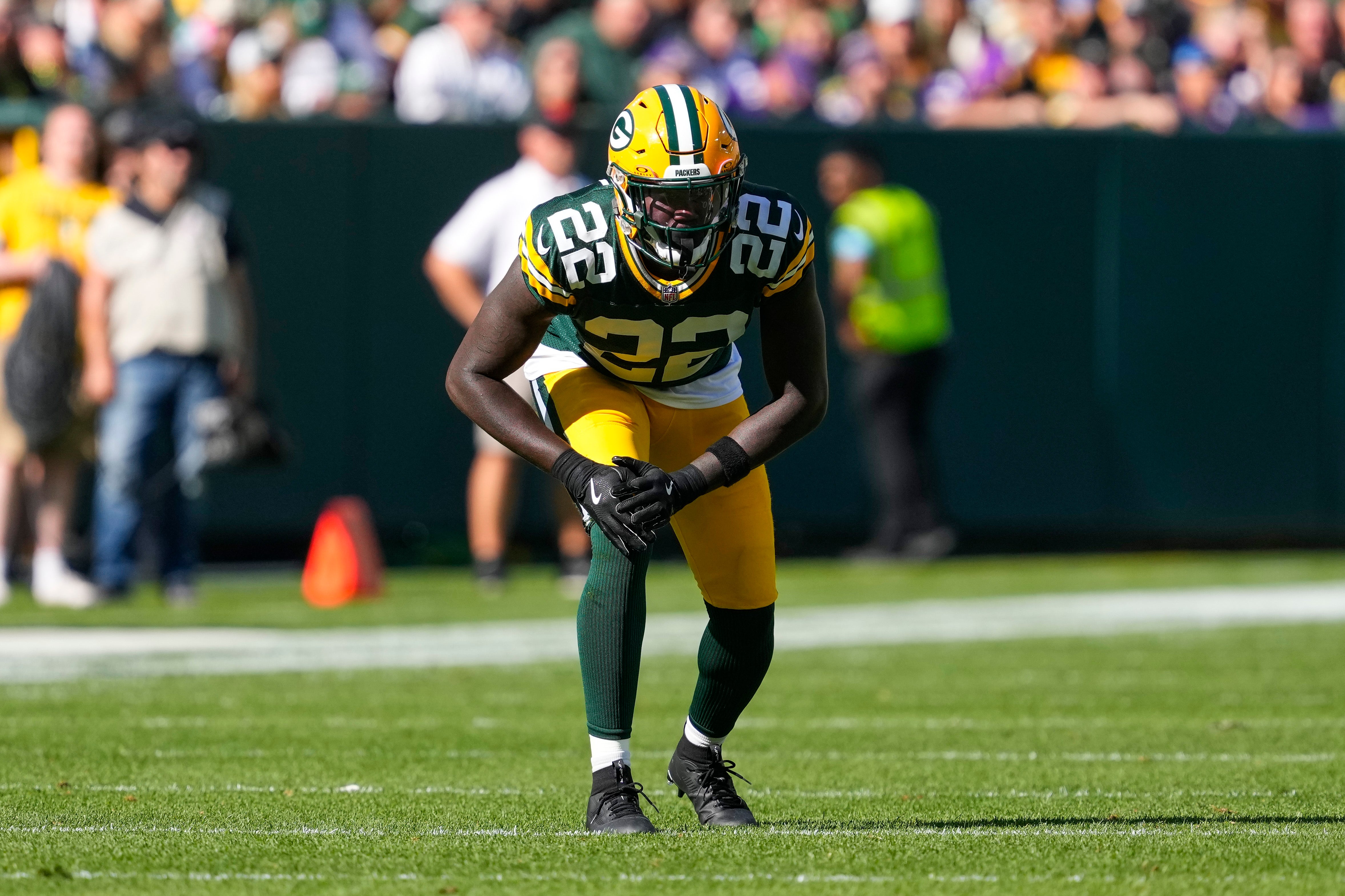 Sep 29, 2024; Green Bay, Wisconsin, USA; Green Bay Packers cornerback Robert Rochell (22) during the game against the Minnesota Vikings at Lambeau Field.